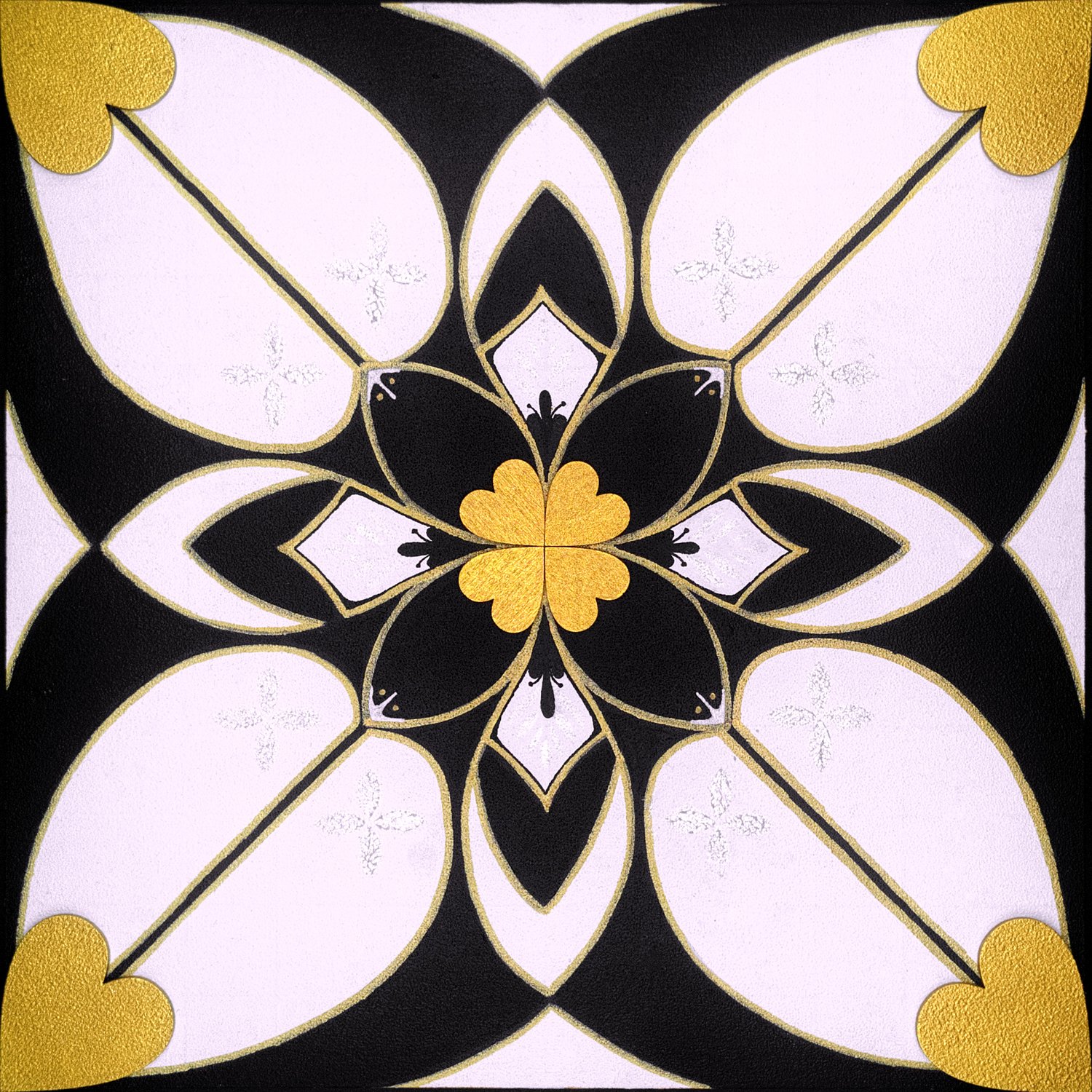 Original mixed-media painting Rooted Connections XXX by Anna Legaspi featuring symmetrical black, white, and gold motifs with corner heart accents on a 30x30cm wooden panel.