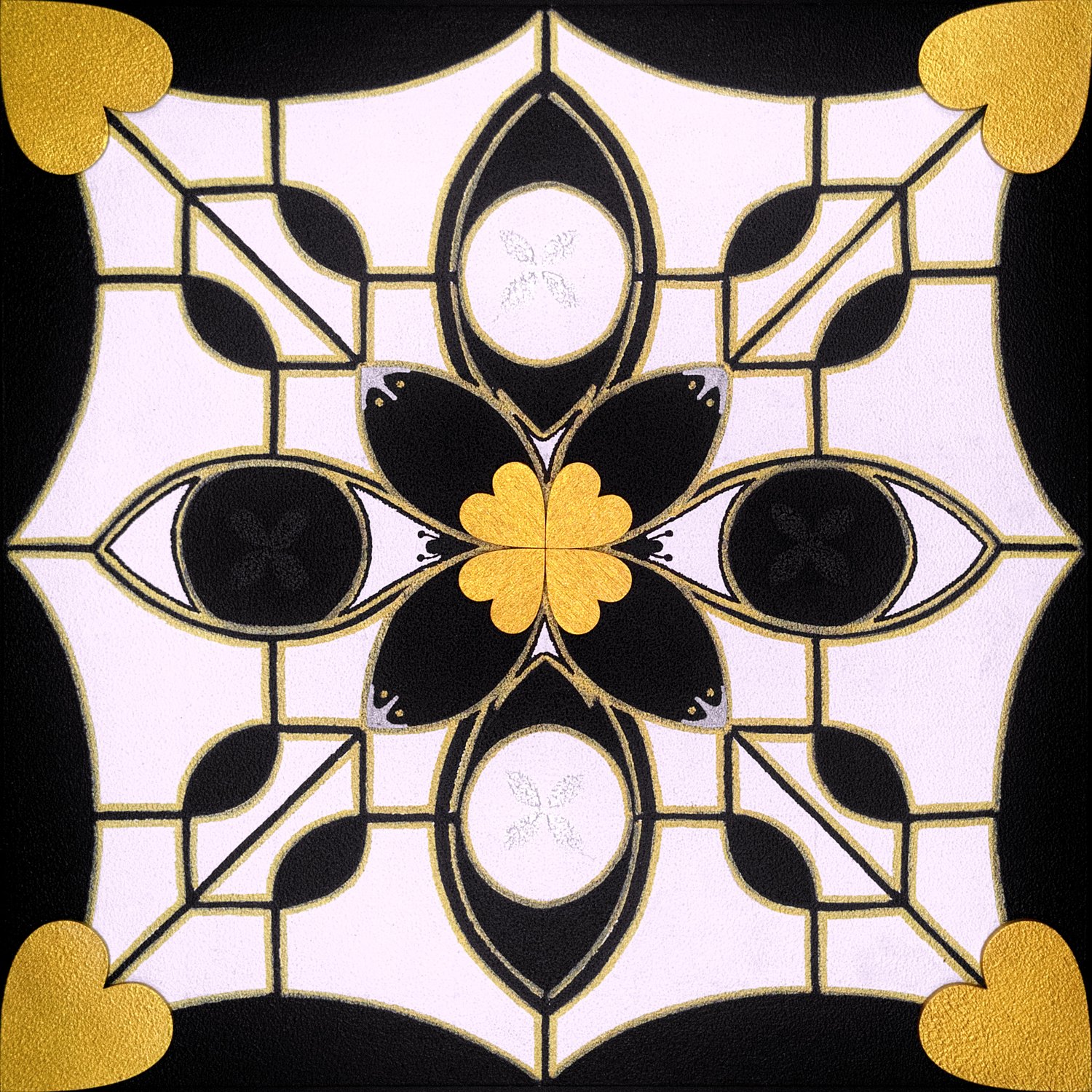 Original mixed-media painting Rooted Connections XXXI by Anna Legaspi featuring symmetrical black, white, and gold motifs with corner heart accents on a 30x30cm wooden panel.