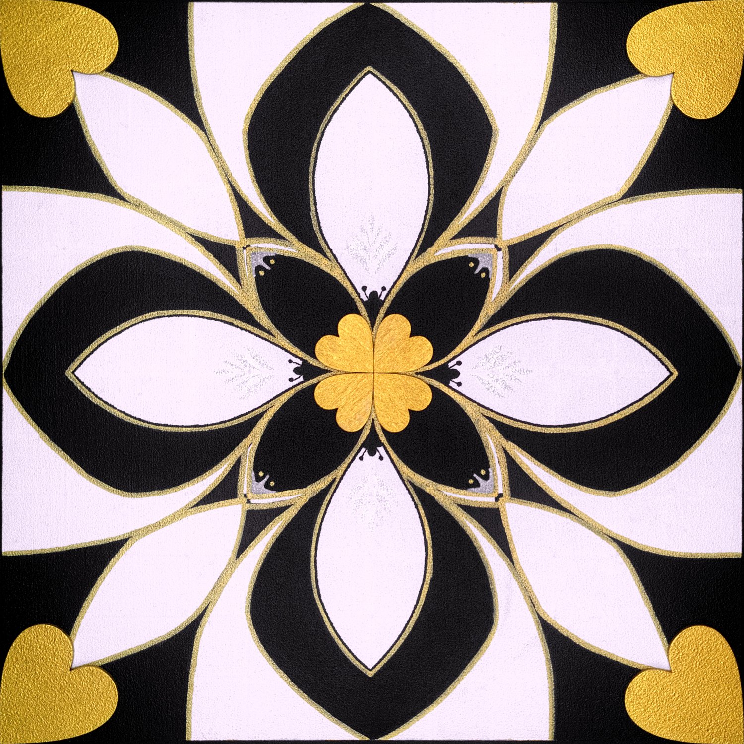 Original mixed-media painting Rooted Connections XXXII by Anna Legaspi featuring symmetrical black, white, and gold motifs with corner heart accents on a 30x30cm wooden panel.