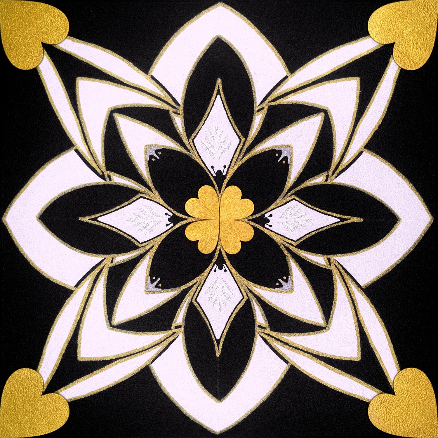 Original mixed-media painting Rooted Connections XXXIII by Anna Legaspi featuring symmetrical black, white, and gold motifs with corner heart accents on a 30x30cm wooden panel.