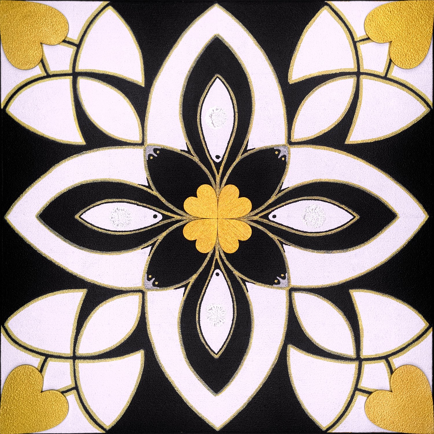 Original mixed-media painting Rooted Connections XXXIV by Anna Legaspi featuring symmetrical black, white, and gold motifs with corner heart accents on a 30x30cm wooden panel.