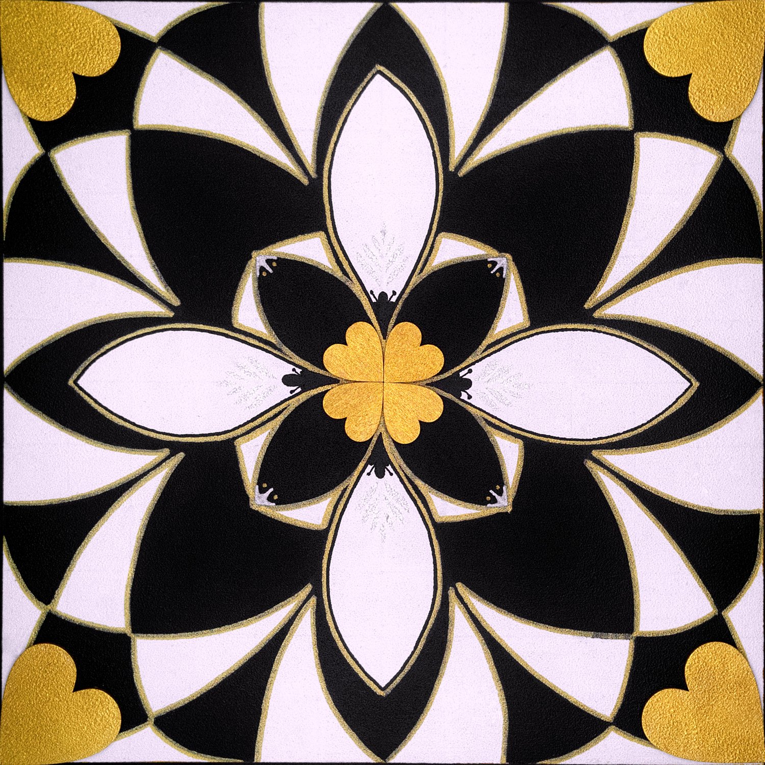 Original mixed-media painting Rooted Connections XXXV by Anna Legaspi featuring symmetrical black, white, and gold motifs with corner heart accents on a 30x30cm wooden panel.