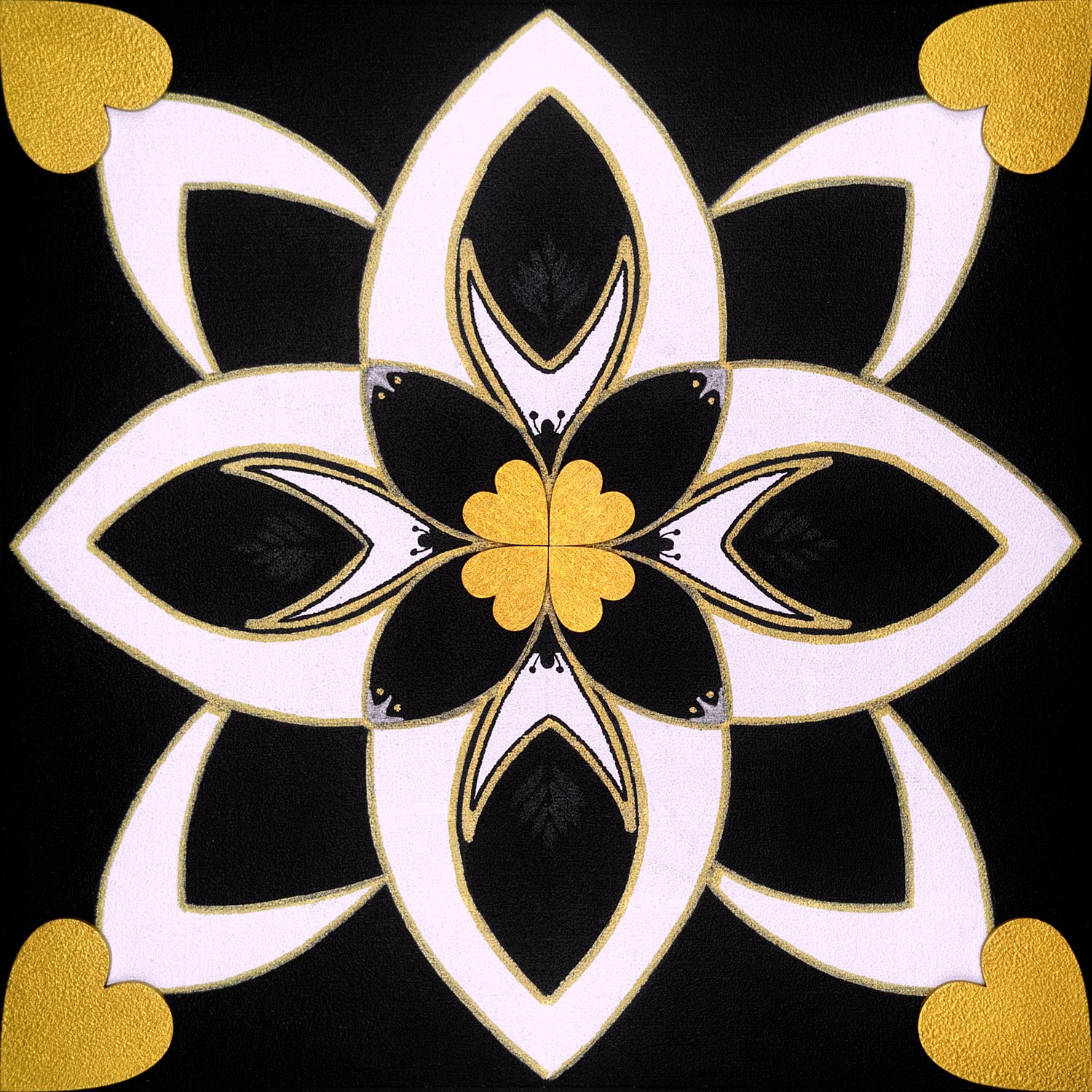 Original mixed-media painting Rooted Connections XXXVI by Anna Legaspi featuring symmetrical black, white, and gold motifs with corner heart accents on a 30x30cm wooden panel.