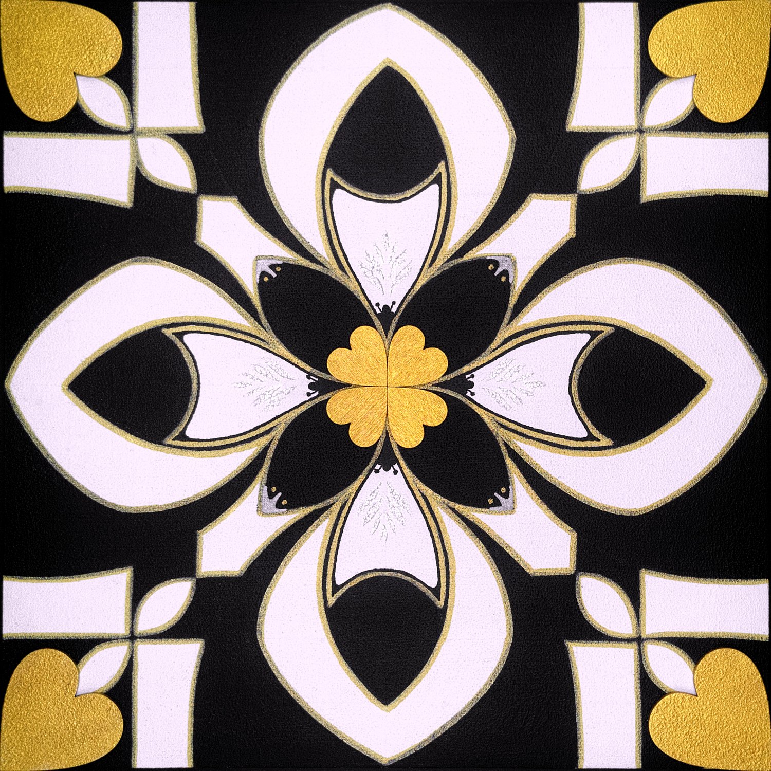 Original mixed-media painting Rooted Connections XXXVII by Anna Legaspi featuring symmetrical black, white, and gold motifs with corner heart accents on a 30x30cm wooden panel.