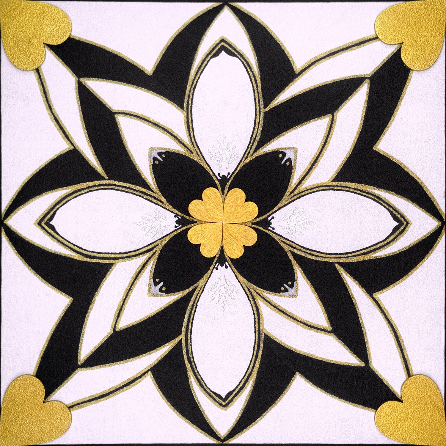 Original mixed-media painting Rooted Connections XXXVIII by Anna Legaspi featuring symmetrical black, white, and gold motifs with corner heart accents on a 30x30cm wooden panel.