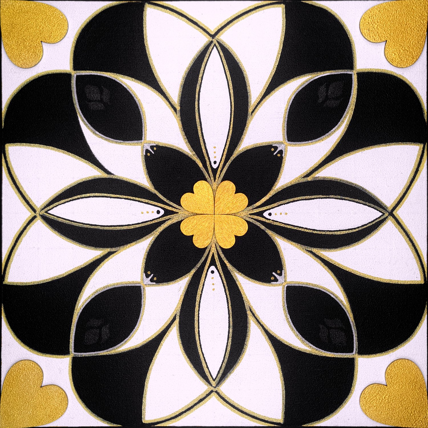 Original mixed-media painting Rooted Connections XXXIX by Anna Legaspi featuring symmetrical black, white, and gold motifs with corner heart accents on a 30x30cm wooden panel.