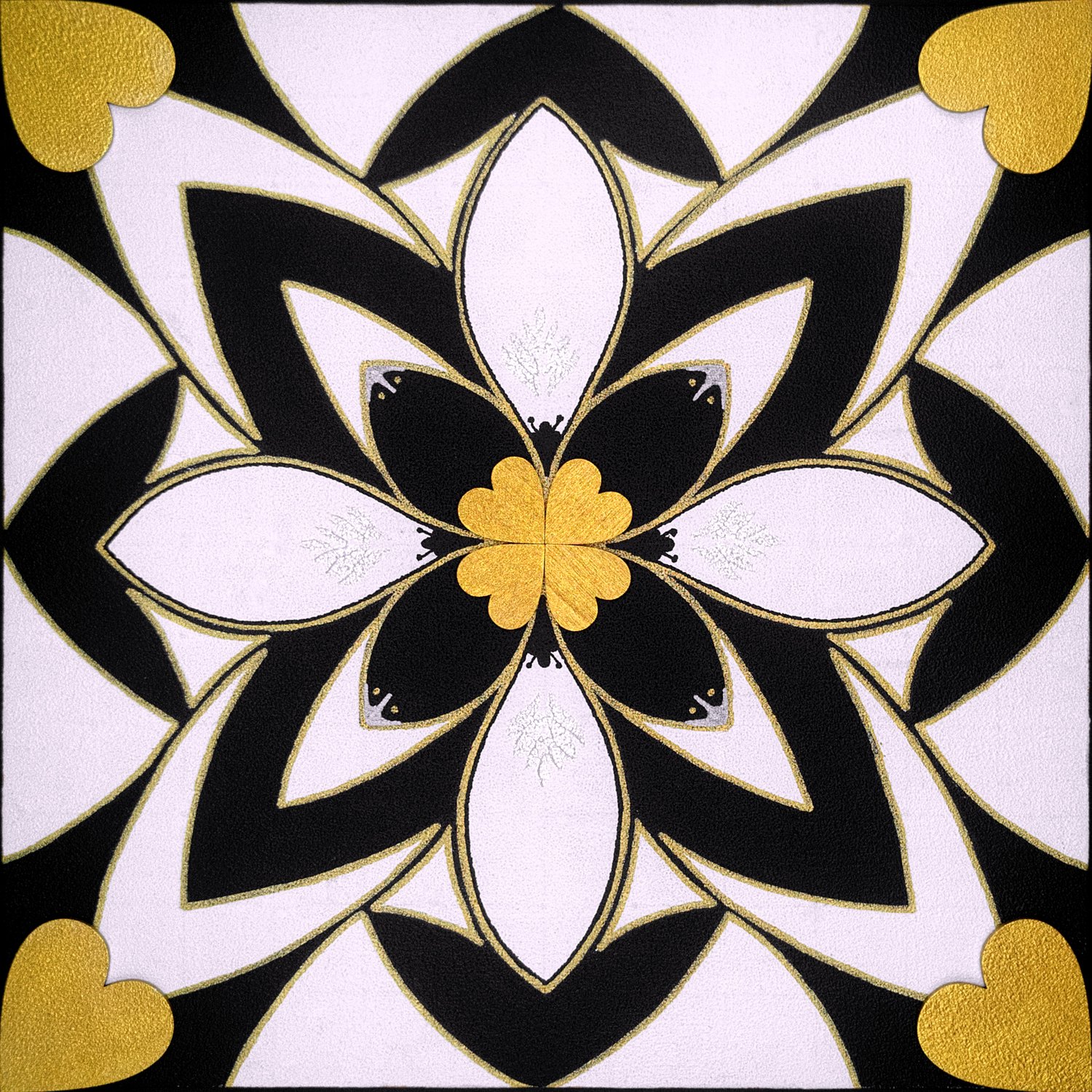 Original mixed-media painting Rooted Connections XL by Anna Legaspi featuring symmetrical black, white, and gold motifs with corner heart accents on a 30x30cm wooden panel.