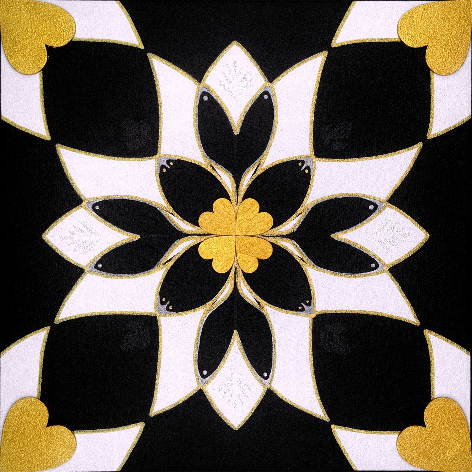 Original mixed-media painting Rooted Connections XLI by Anna Legaspi featuring symmetrical black, white, and gold motifs with corner heart accents on a 30x30cm wooden panel.