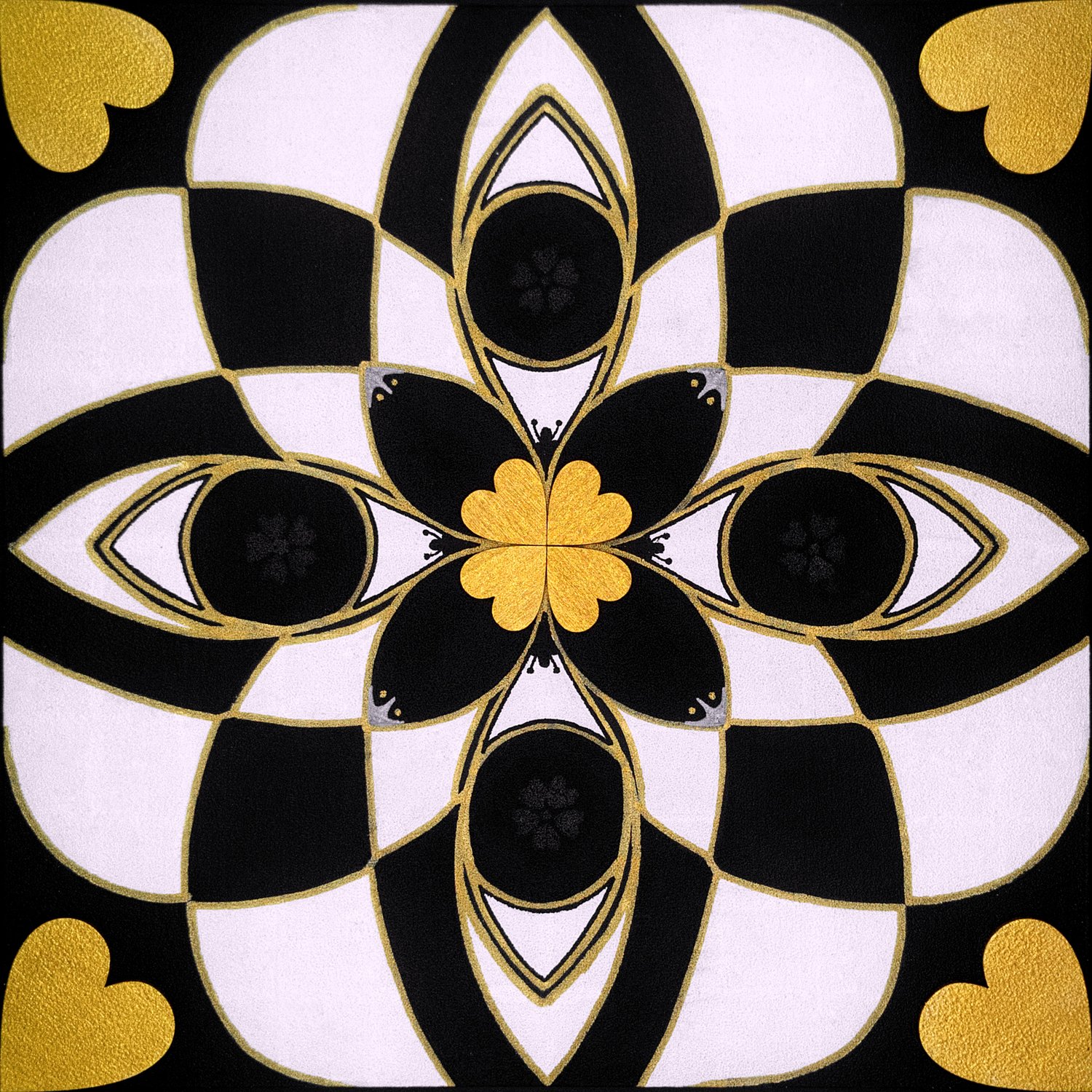 Original mixed-media painting Rooted Connections XLII by Anna Legaspi featuring symmetrical black, white, and gold motifs with corner heart accents on a 30x30cm wooden panel.