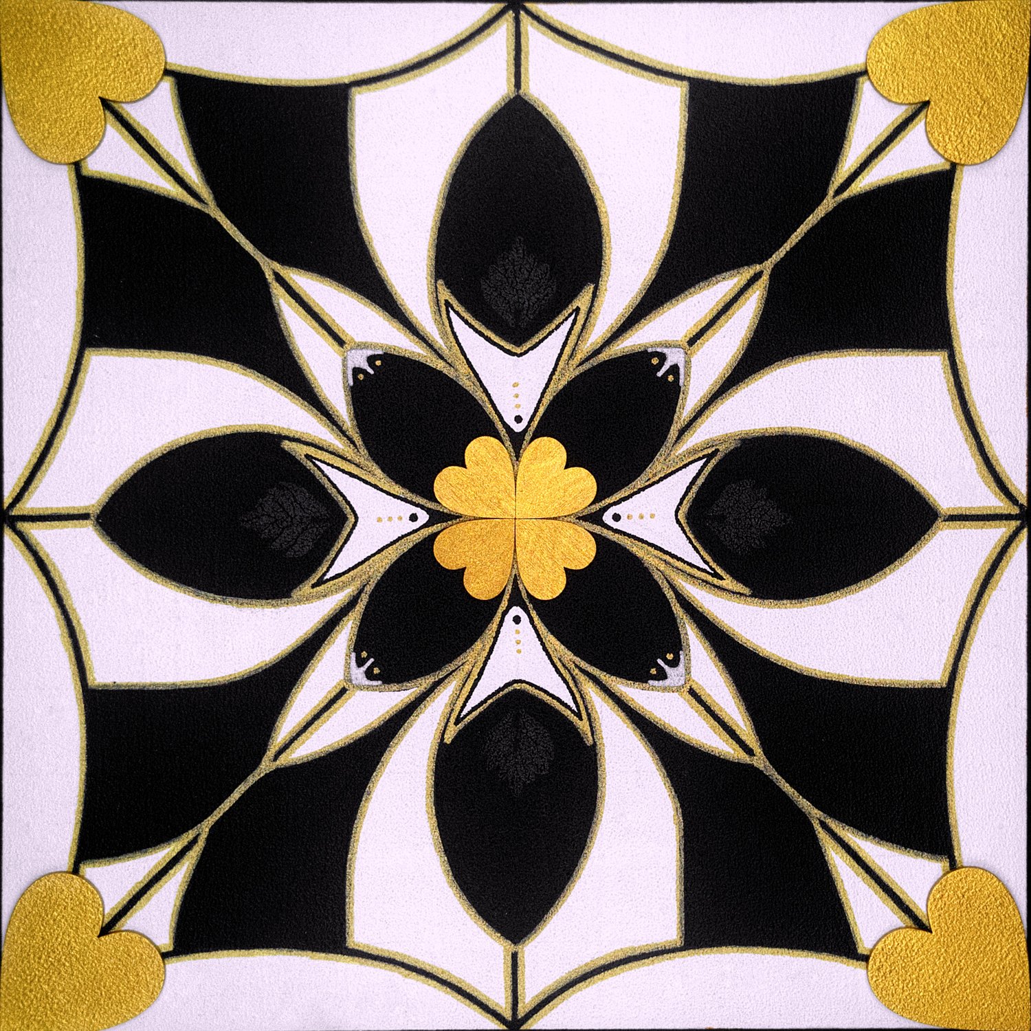 Original mixed-media painting Rooted Connections XLIII by Anna Legaspi featuring symmetrical black, white, and gold motifs with corner heart accents on a 30x30cm wooden panel.