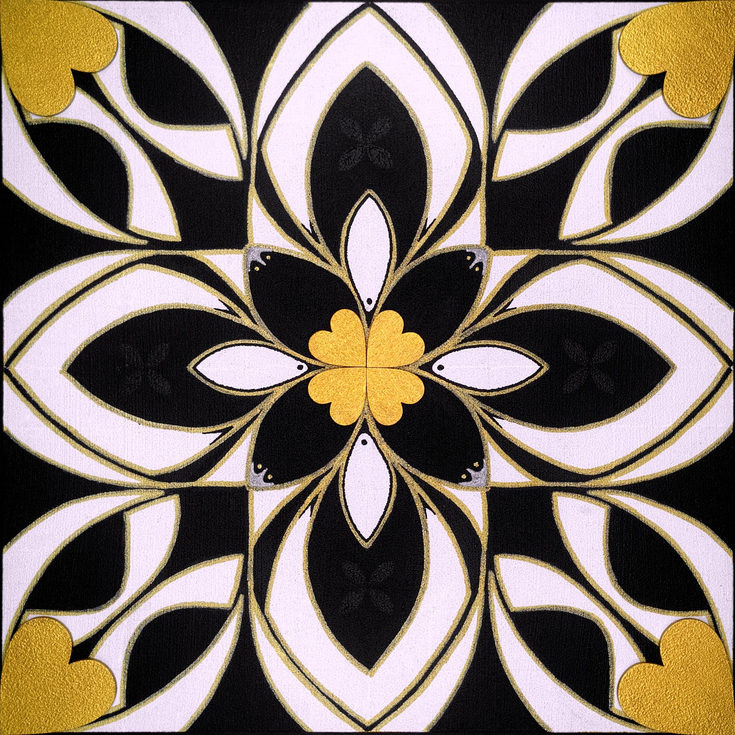 Original mixed-media painting Rooted Connections XLIV by Anna Legaspi featuring symmetrical black, white, and gold motifs with corner heart accents on a 30x30cm wooden panel.