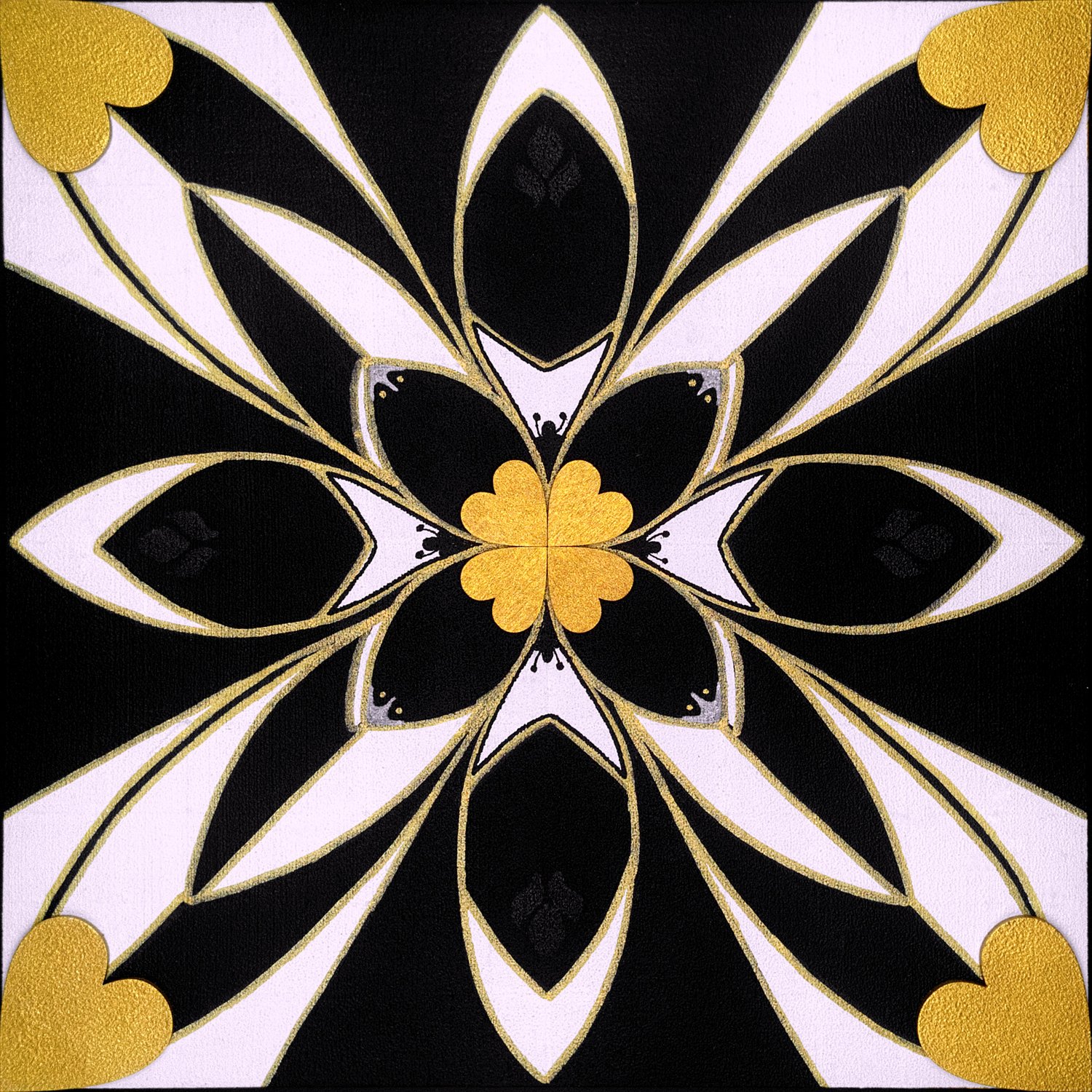 Original mixed-media painting Rooted Connections XLV by Anna Legaspi featuring symmetrical black, white, and gold motifs with corner heart accents on a 30x30cm wooden panel.
