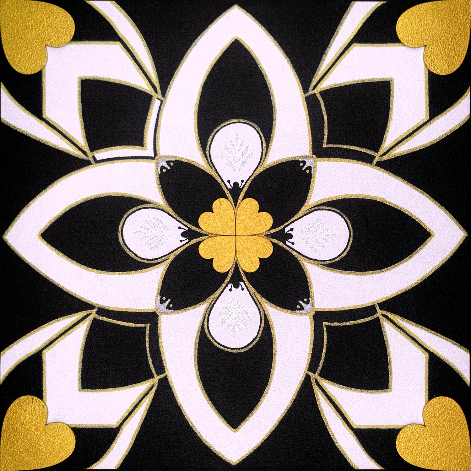 Original mixed-media painting Rooted Connections XLVI by Anna Legaspi featuring symmetrical black, white, and gold motifs with corner heart accents on a 30x30cm wooden panel.