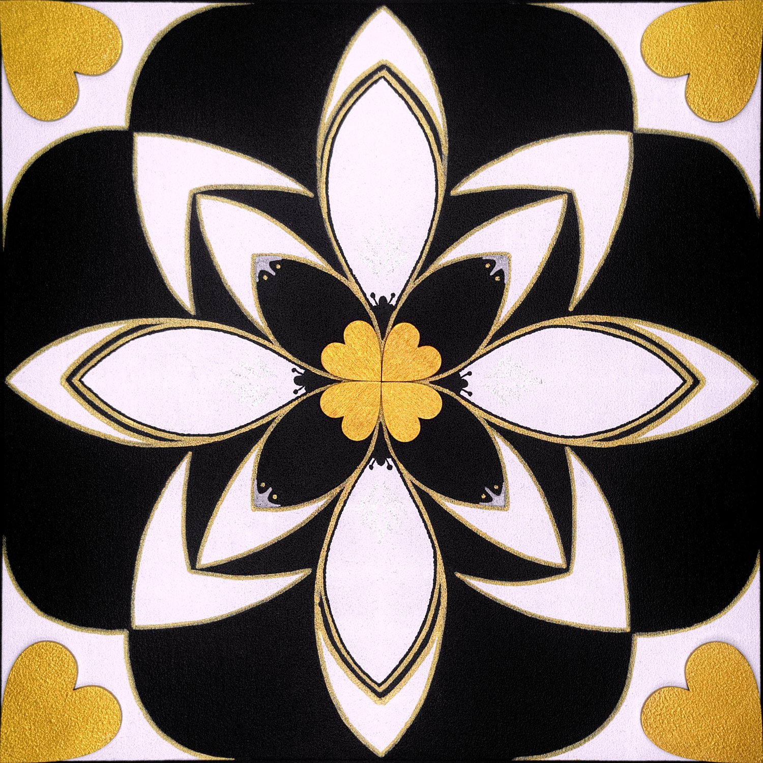 Original mixed-media painting Rooted Connections XLVII by Anna Legaspi featuring symmetrical black, white, and gold motifs with corner heart accents on a 30x30cm wooden panel.