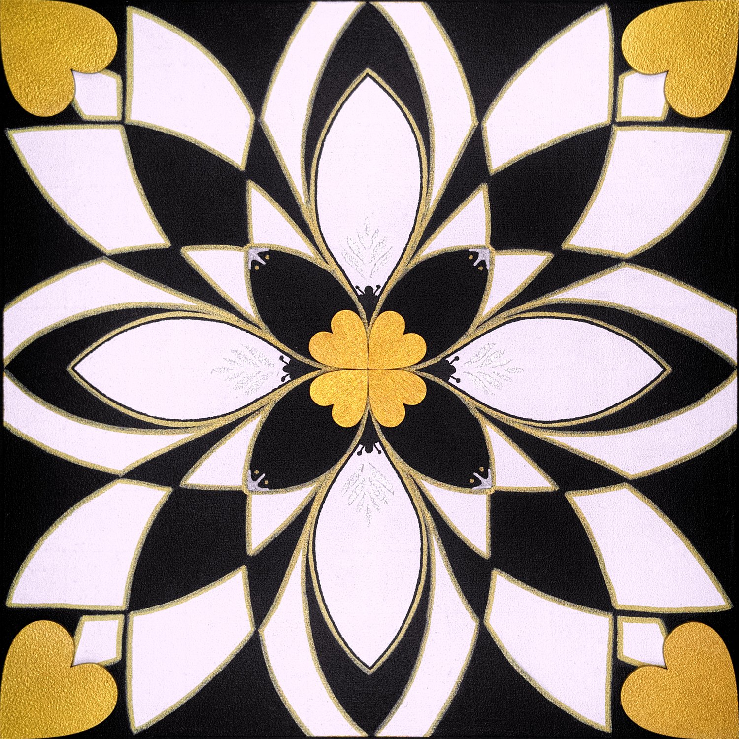 Original mixed-media painting Rooted Connections XLVIII by Anna Legaspi featuring symmetrical black, white, and gold motifs with corner heart accents on a 30x30cm wooden panel.