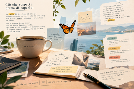 Copertina del libro compilabile Frammenti: un diario aperto su una scrivania in legno, con una lente d'ingrandimento e fotografie sospese che fluttuano verso un blog — organizer cartaceo per note, dubbi e appunti personali, ispirato al racconto Svuotament