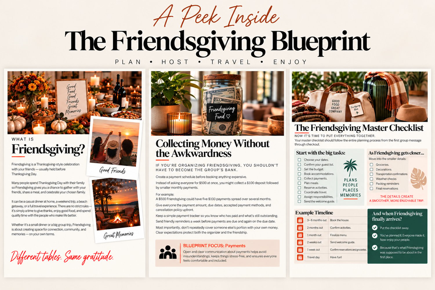 Preview of The Friendsgiving Blueprint ebook featuring pages on Friendsgiving, collecting group payments, and a master planning checklist.