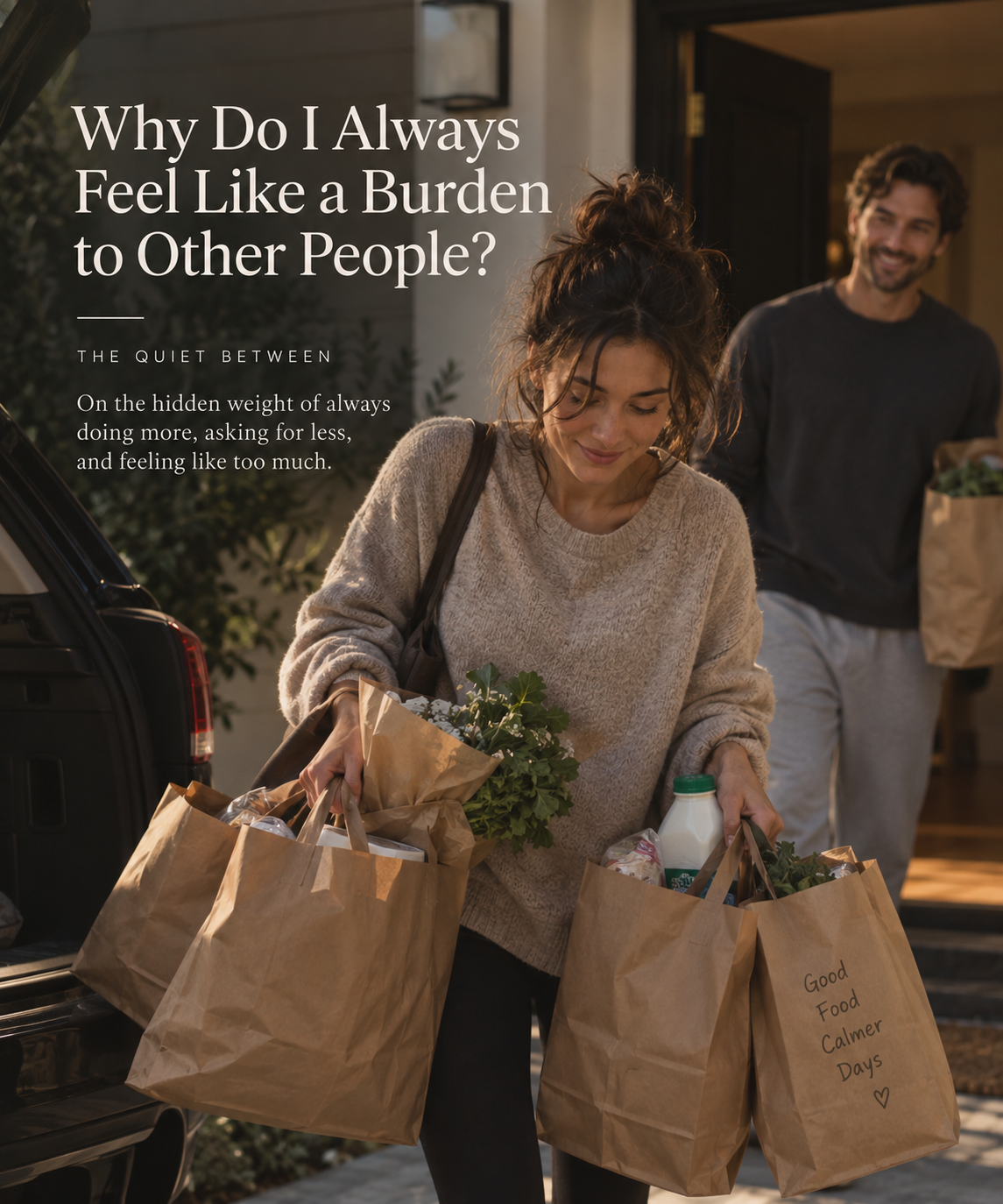 Woman carrying several grocery bags while her partner comes to help, reflecting the difficulty of asking for support and the fear of feeling like a burden to others.