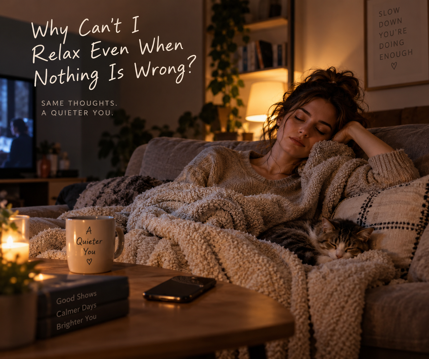 Woman resting on a couch in the evening while her phone sits nearby, reflecting the difficulty of relaxing even when nothing is wrong.
