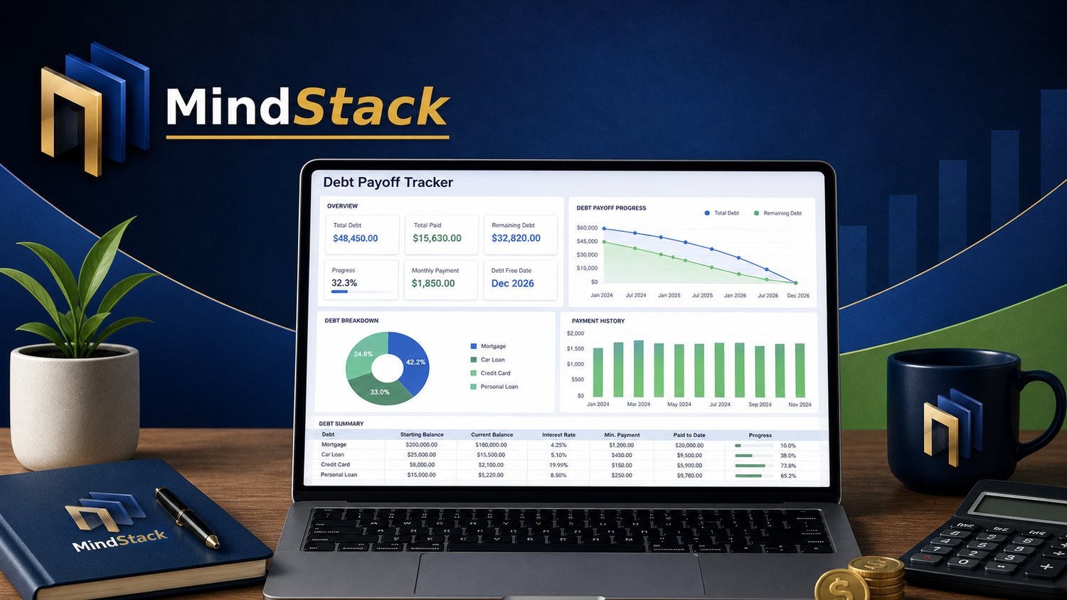 Debt Payoff Tracker Excel and Google Sheets template with snowball and avalanche payoff methods, progress charts, and automatic calculations for debt-free journey