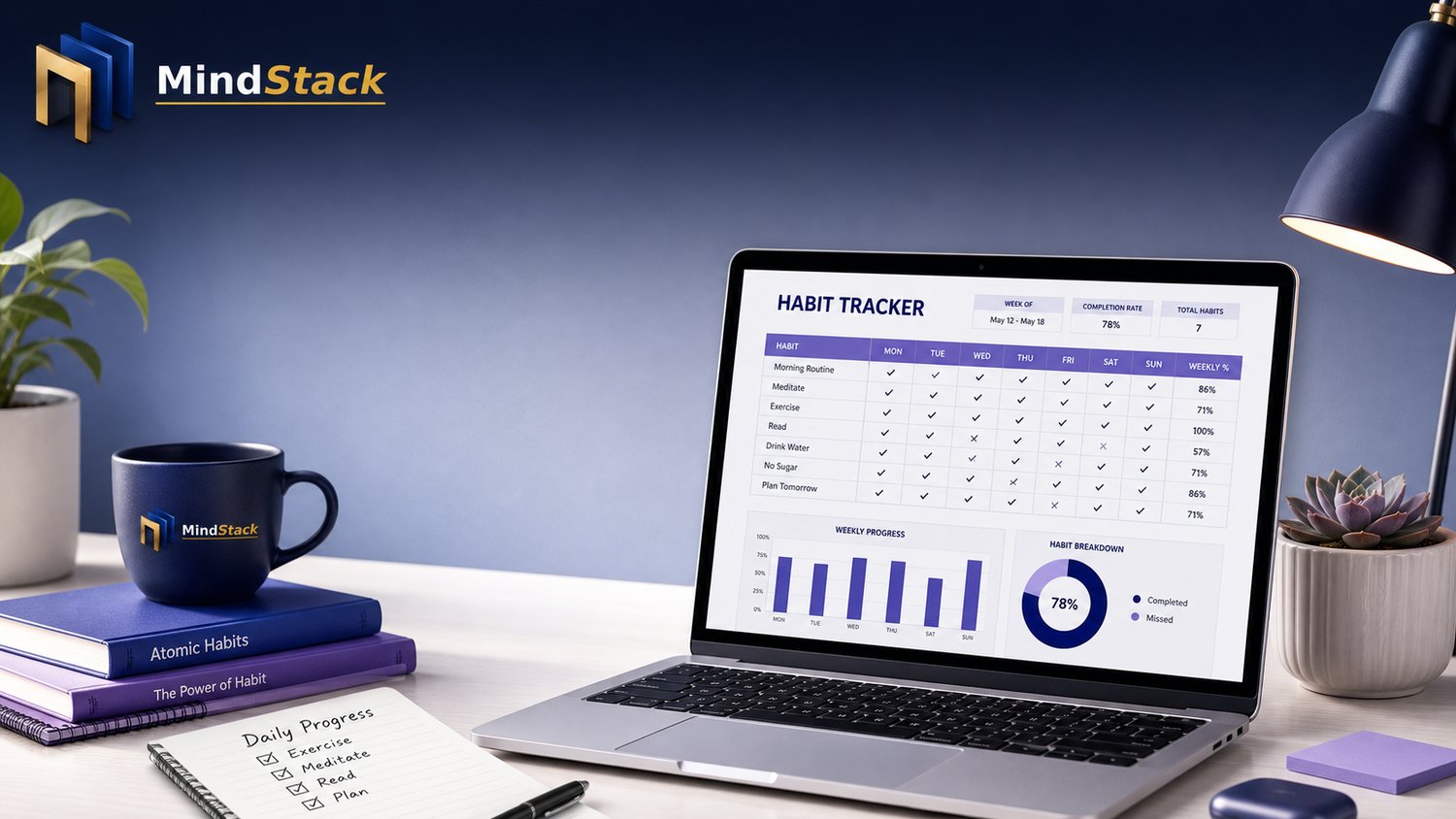Habit Tracker Excel and Google Sheets template with 31-day grid for up to 12 habits, automatic streak and completion counting, and weekly progress review