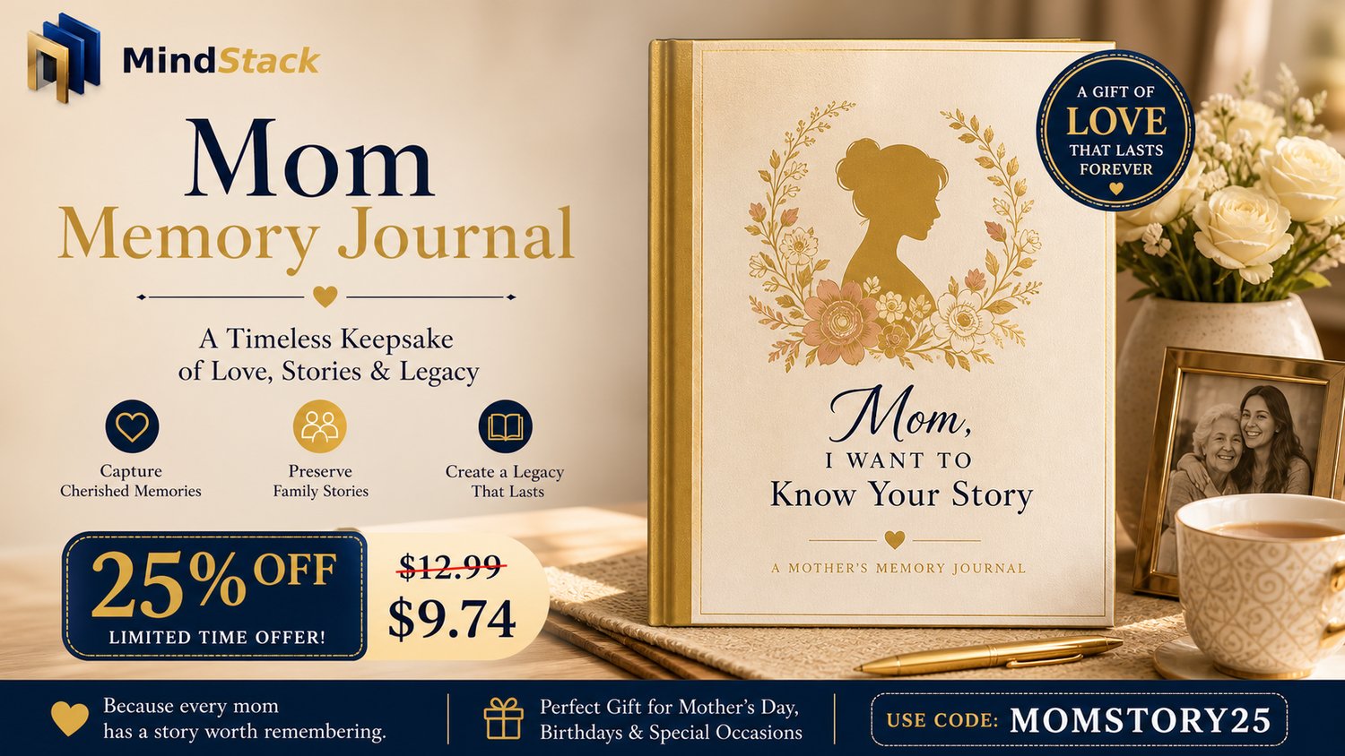 Mom Tell Me Your Story printable memory journal and guided prompts for mothers with 100+ thoughtful questions about childhood, family, lessons, and wisdom for children