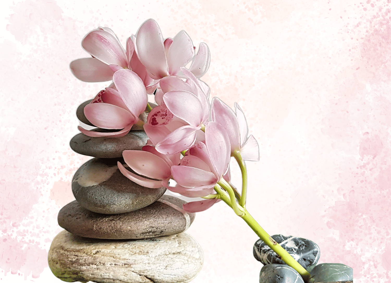 Mixed-media ikebana artwork featuring pale pink flowers arranged over stacked river stones against a soft pink watercolor background.