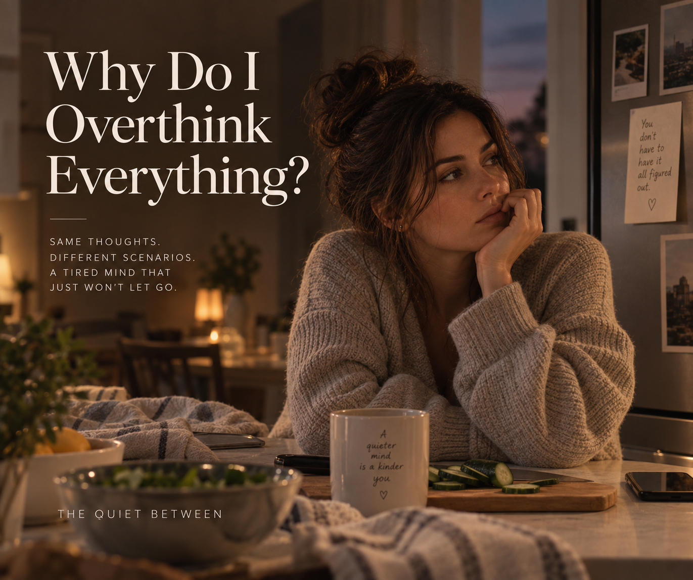 Woman sitting thoughtfully in her kitchen in the evening, reflecting on racing thoughts and why she tends to overthink everything.