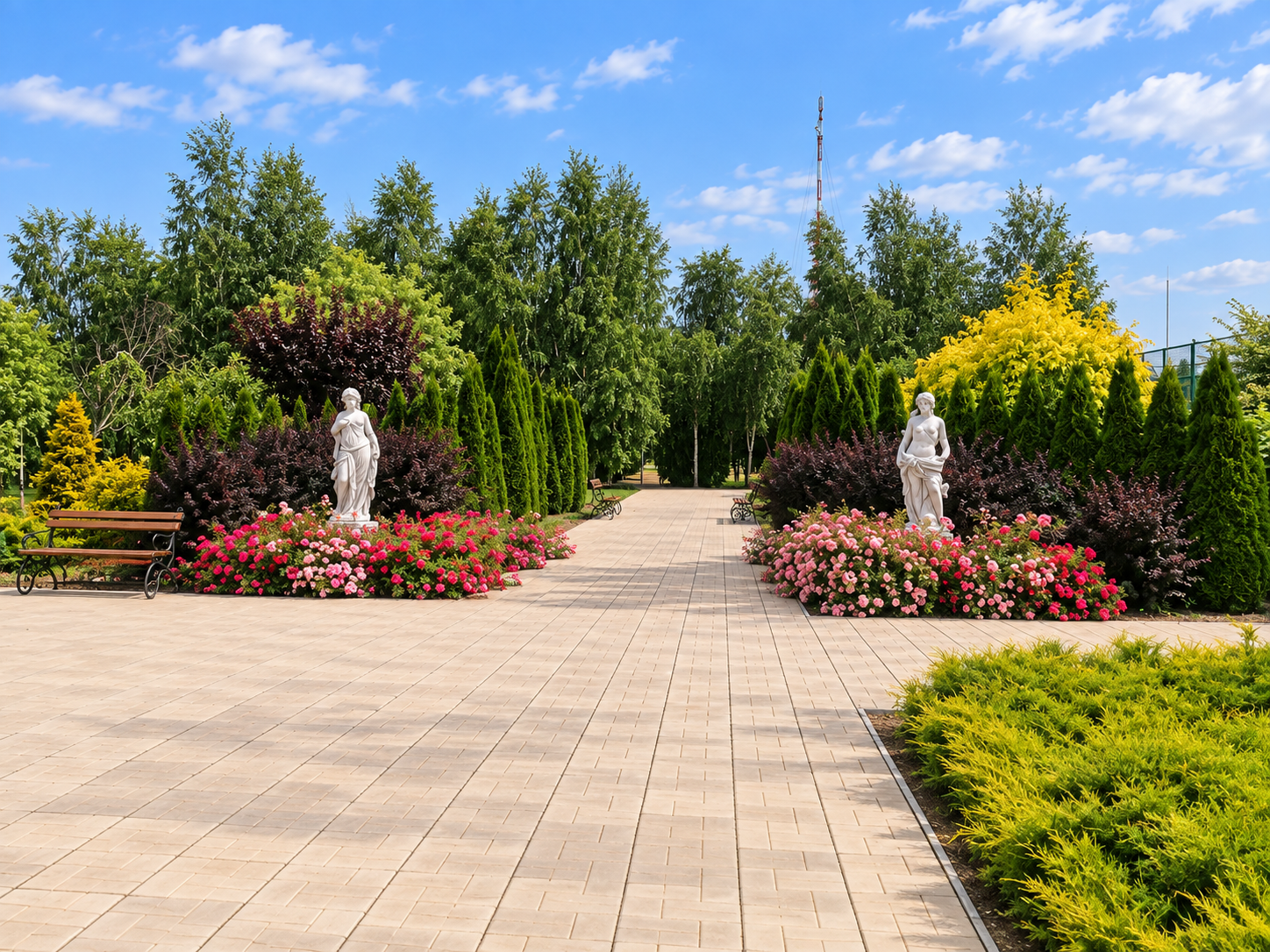 Mature public park landscape design with a wide paved walkway, classical sculptures, rose plantings and layered evergreen screening.