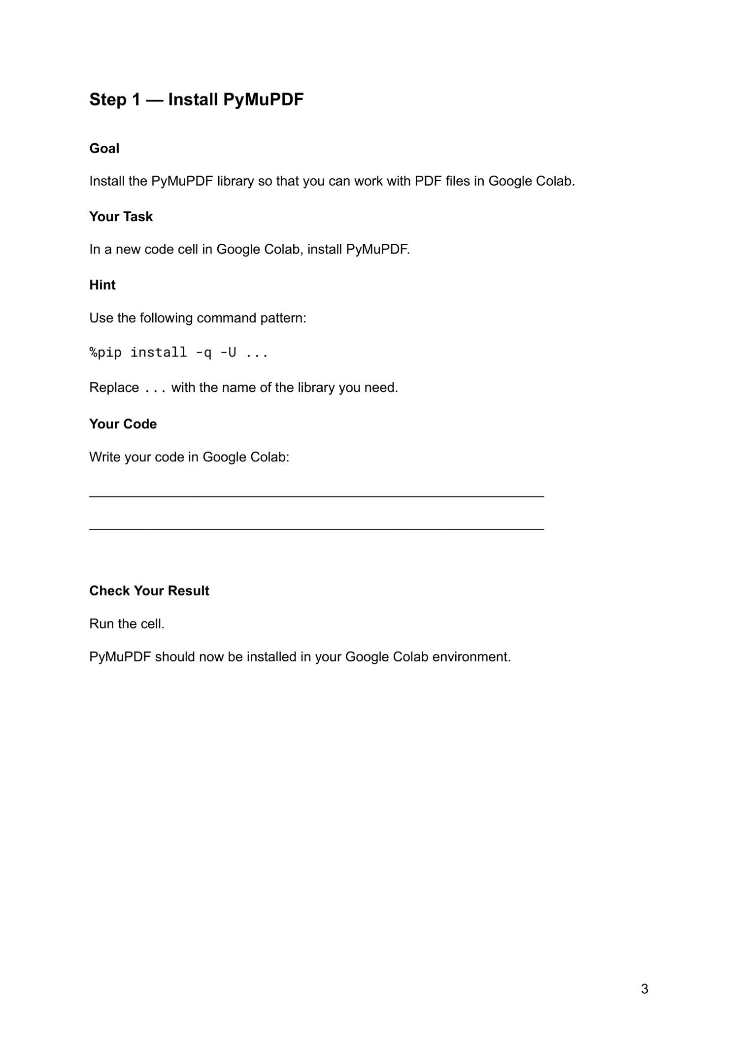 Beginner Python coding template for working with PDF files and converting document information to JSON.