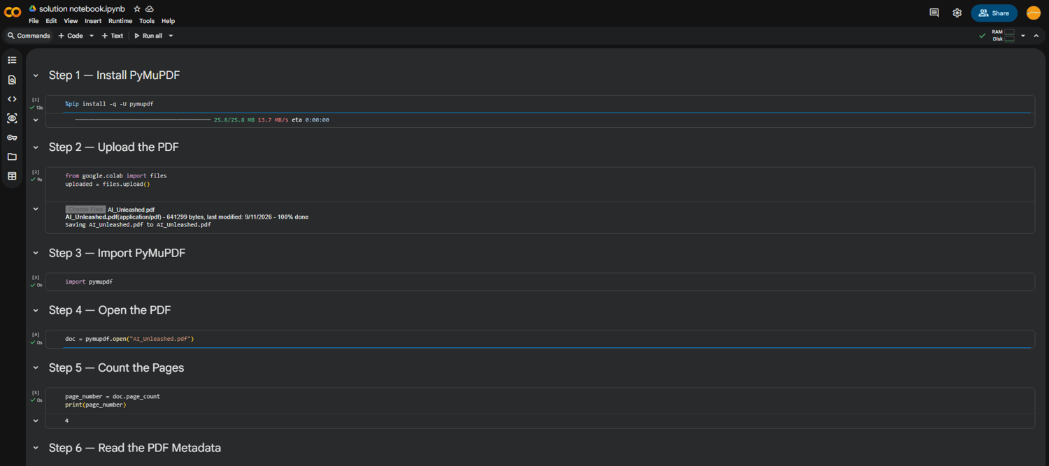Completed Python solution notebook demonstrating how to read PDF information and save it as JSON.
