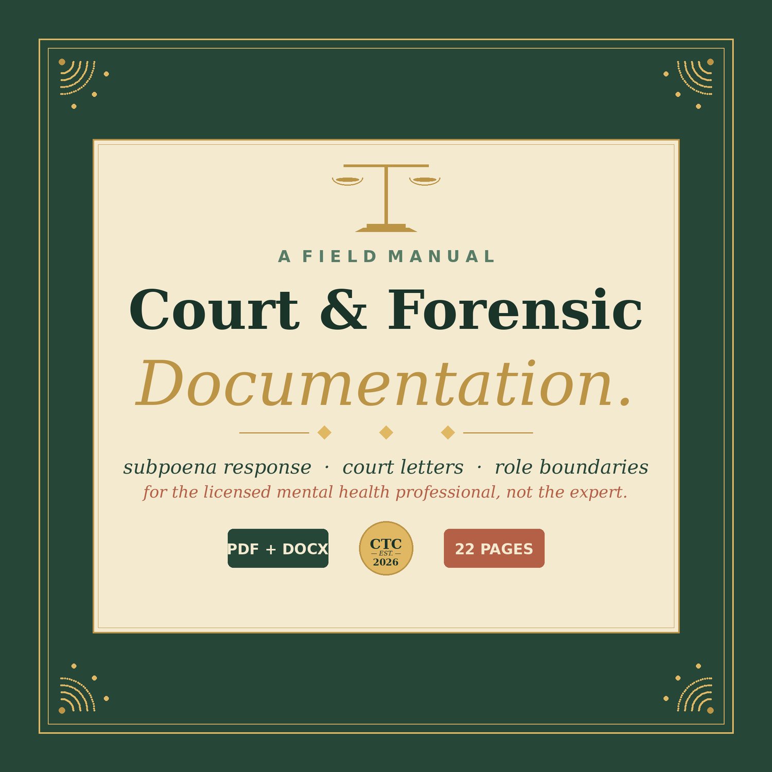 Cover of Court Documentation for Therapists, Subpoenas and Witness Prep