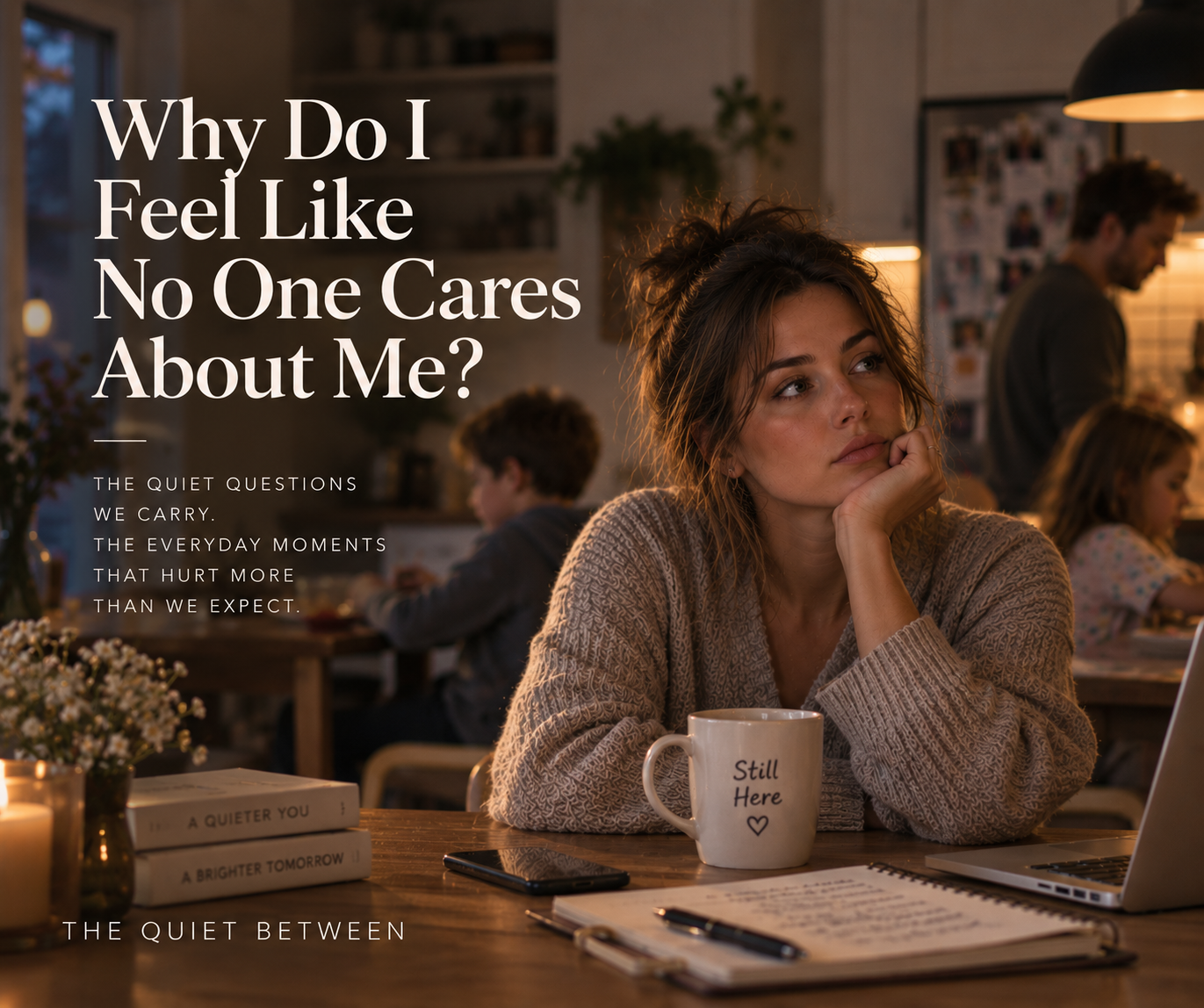 Woman sitting thoughtfully at a kitchen table while her family is nearby, reflecting on the loneliness of feeling unnoticed even when surrounded by people she loves.