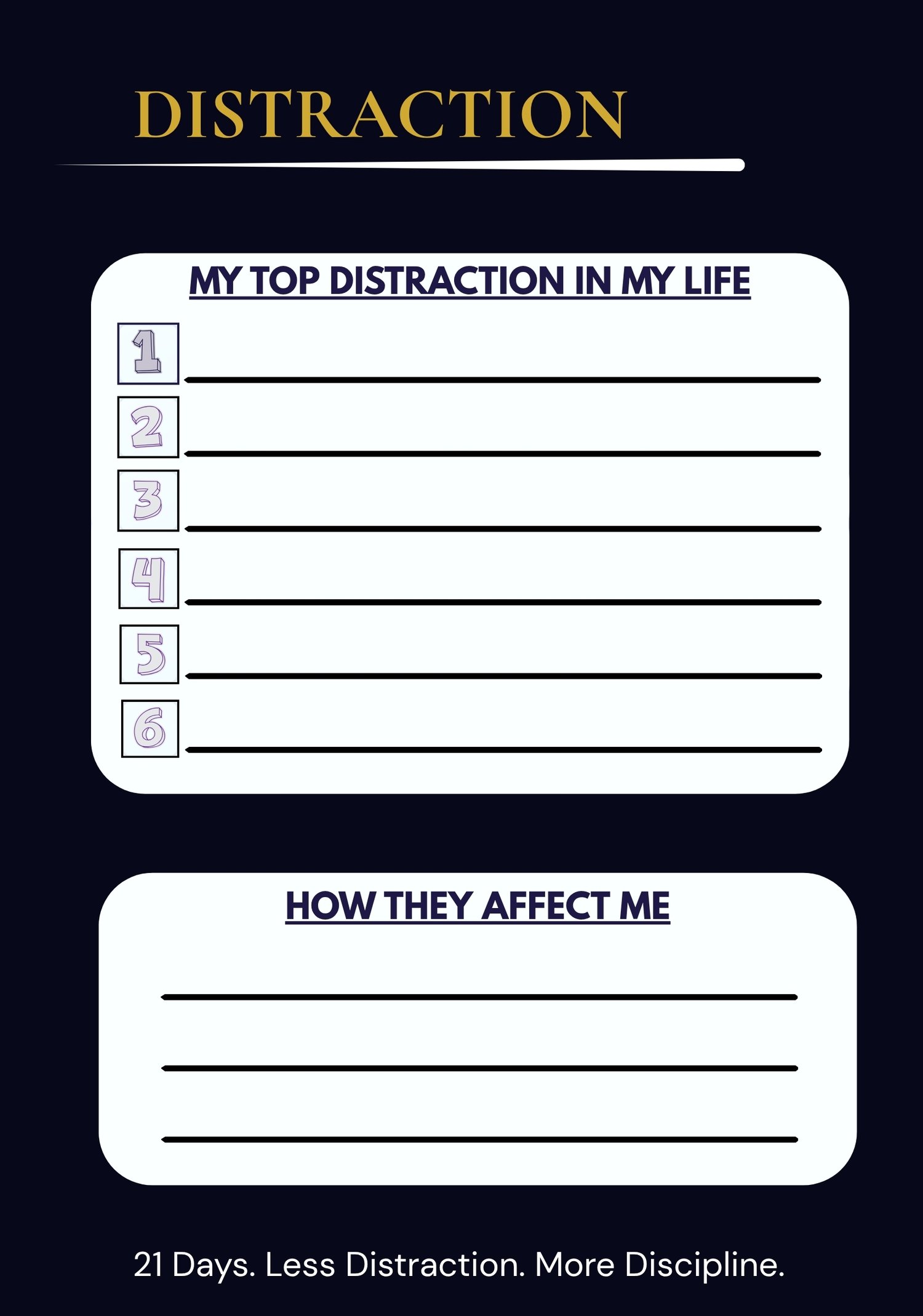 21-Day Monk Mode Challenge Distraction reflection page