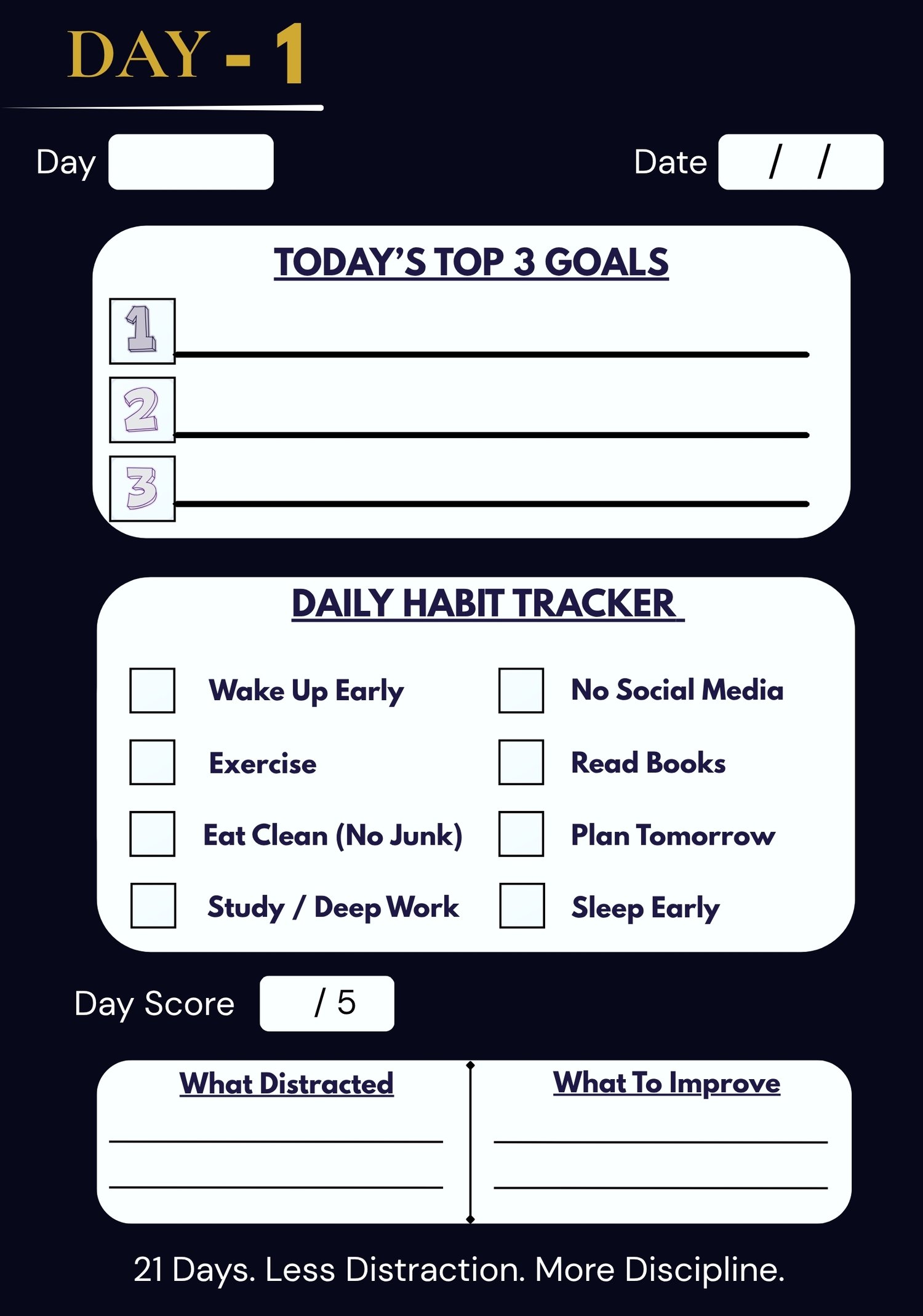 21-Day Monk Mode Challenge Day 1 daily habit tracker