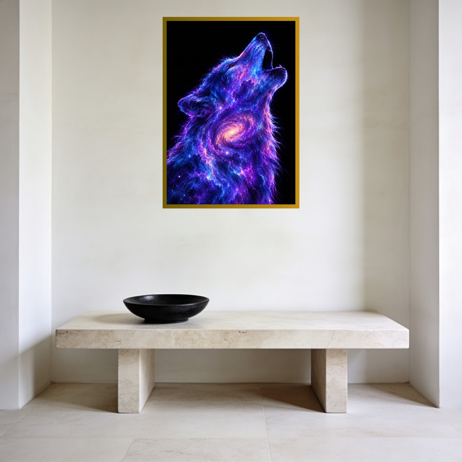 Galaxy wolf wall art showing a howling wolf filled with blue and violet stars and nebula clouds