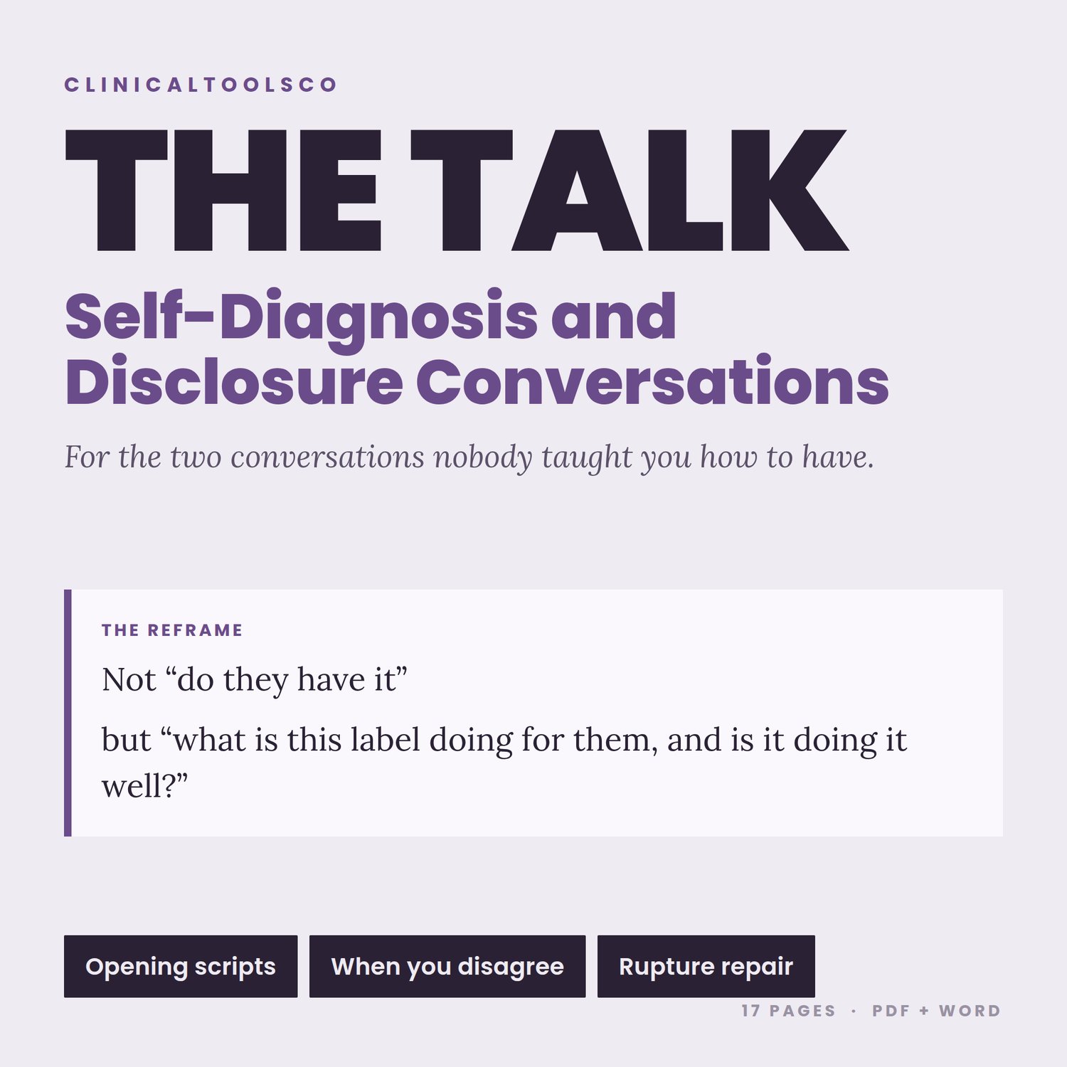 Cover of Self-Diagnosis Conversation Guide, Scripts for Autism, ADHD and BPD Disclosure