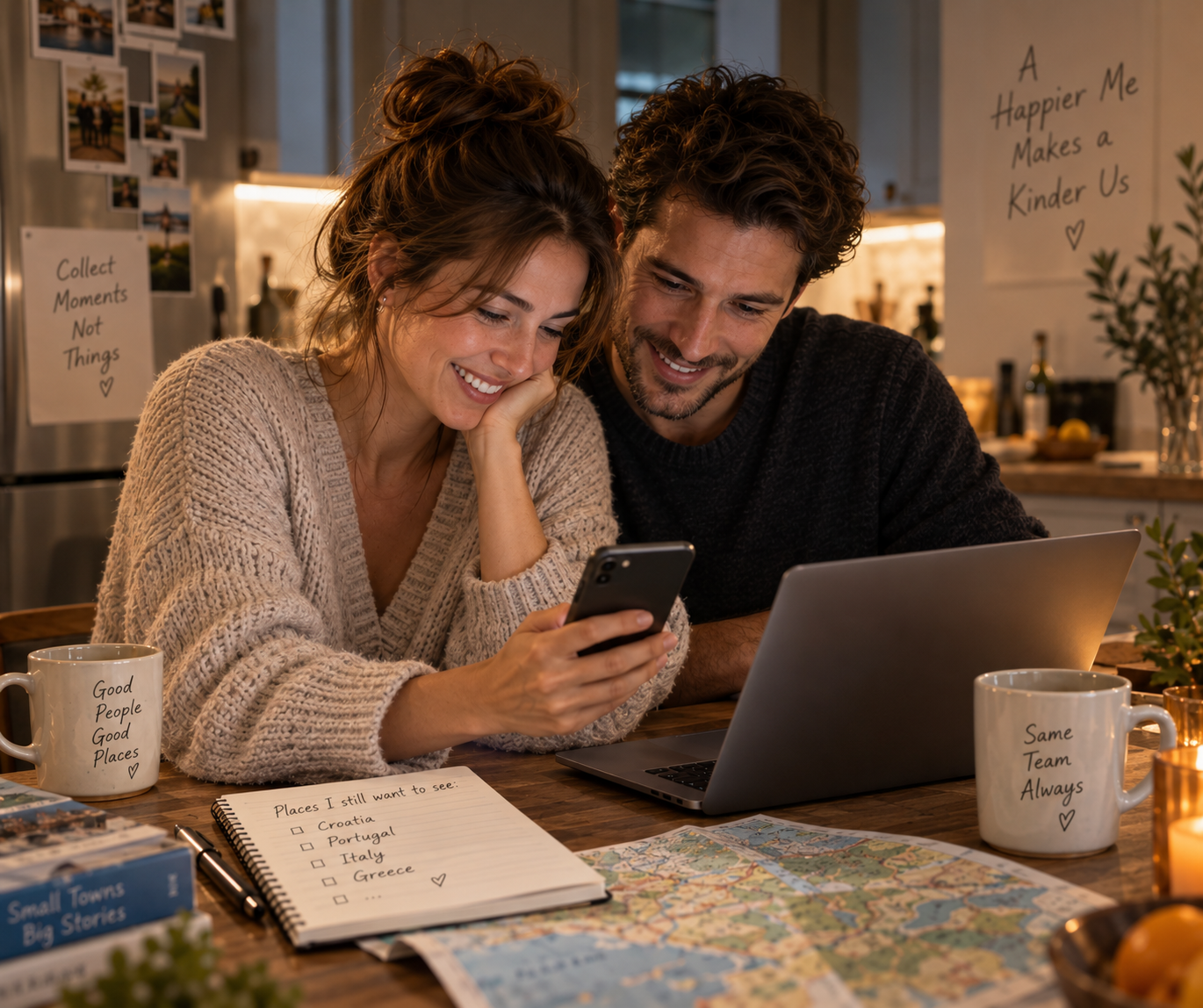 Couple sitting together at a kitchen table planning a trip, reflecting on how easy it can be to lose your own preferences and sense of self in a relationship.