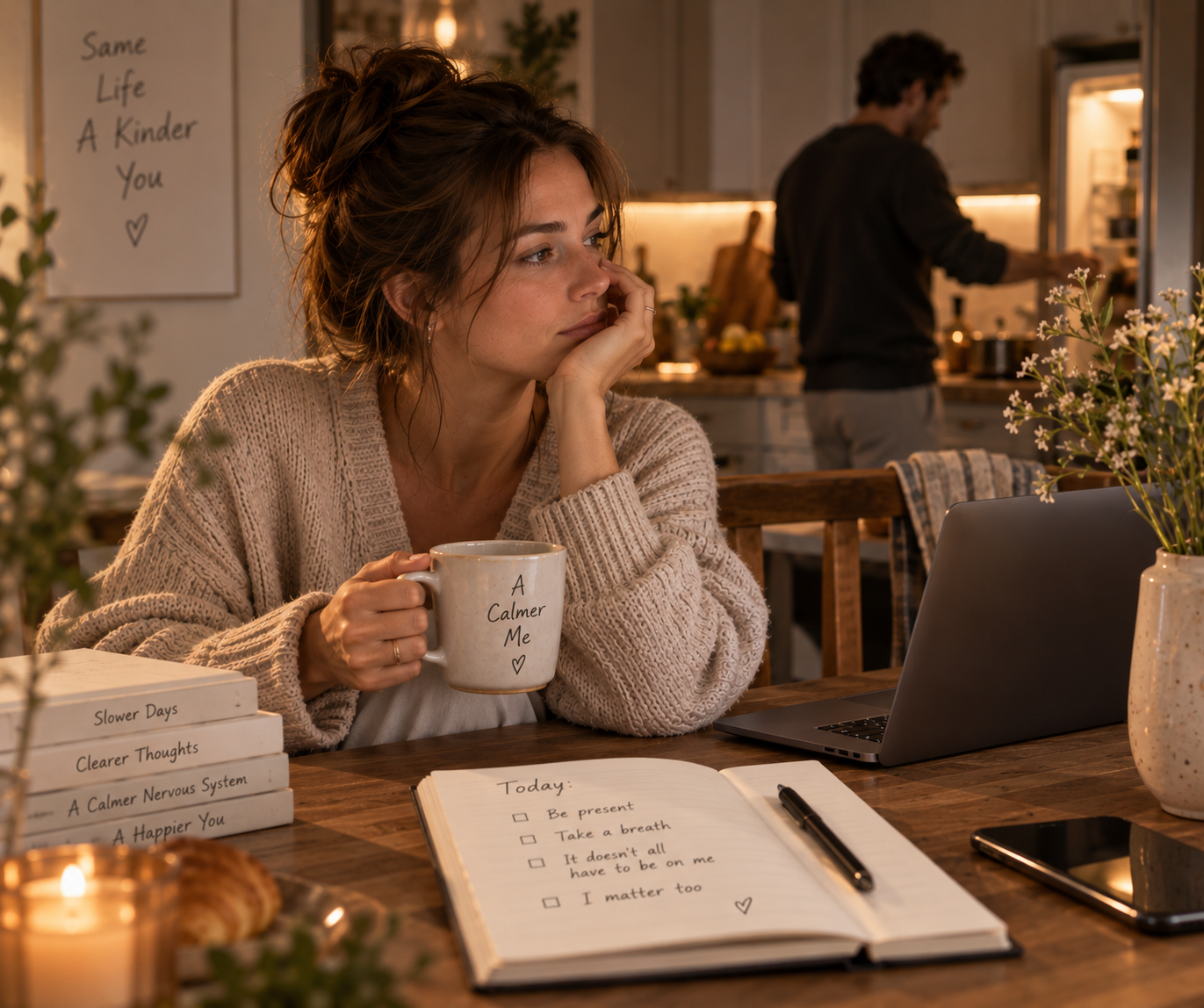 Woman sitting quietly at a kitchen table while her partner is nearby, reflecting on the emotional exhaustion of constantly noticing and adjusting to everyone else’s needs and moods.