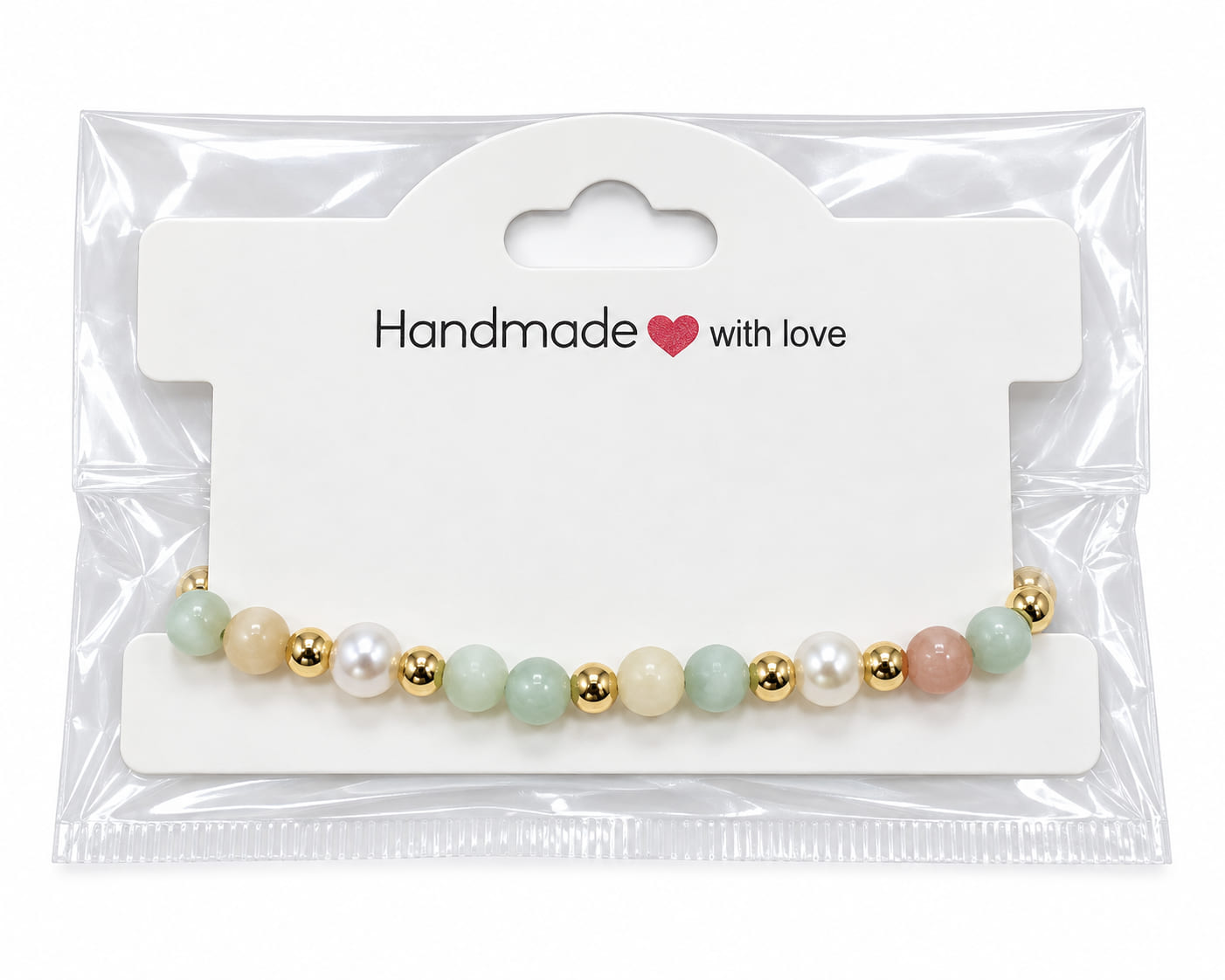 Handmade pastel natural stone and pearl bracelet with gold-toned beads and adjustable extender chain