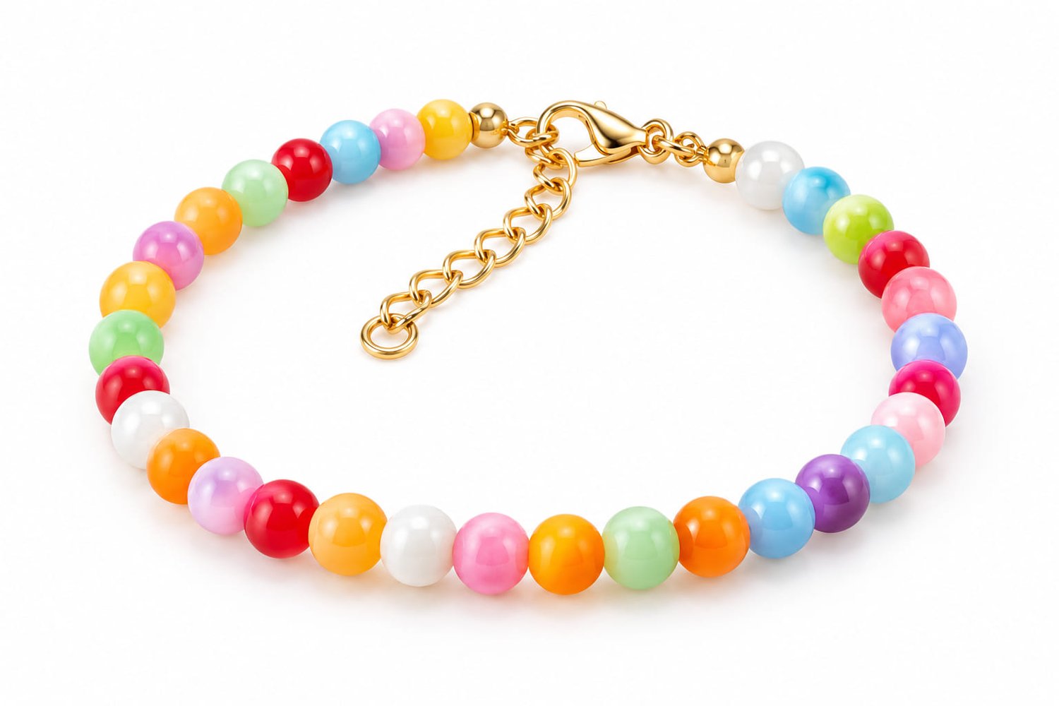 Handmade rainbow gumball bracelet with colourful acrylic beads and gold-toned adjustable extender chain