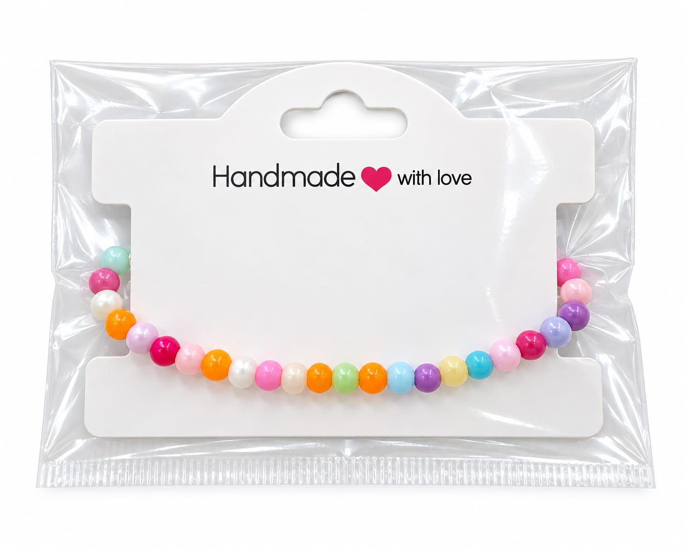 Colourful rainbow gumball beaded bracelet presented on a Handmade with love jewellery display card