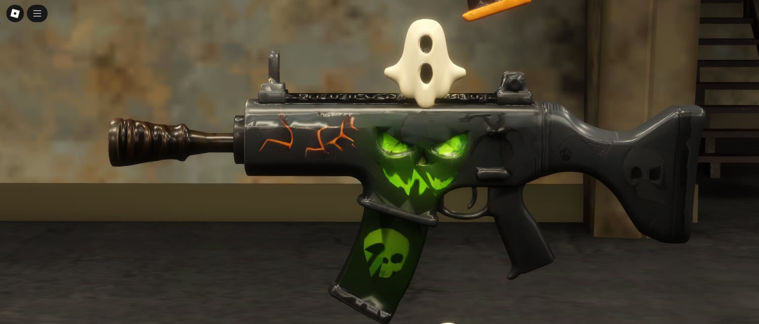 Pumpkin decorated assault rifle