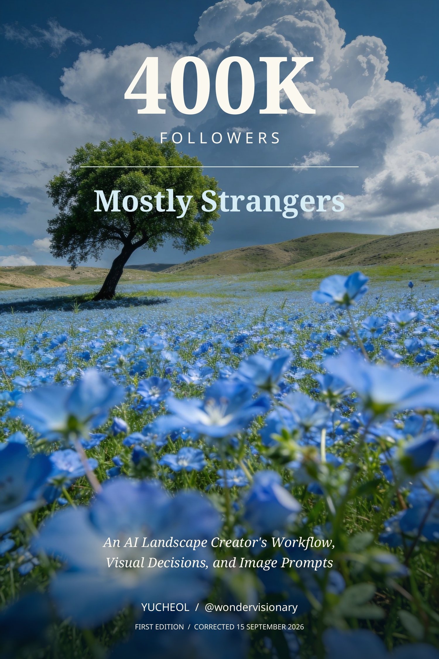 Cover of 400K Followers, Mostly Strangers by Yucheol, showing blue flowers, a lone tree, and a cloudy sky.