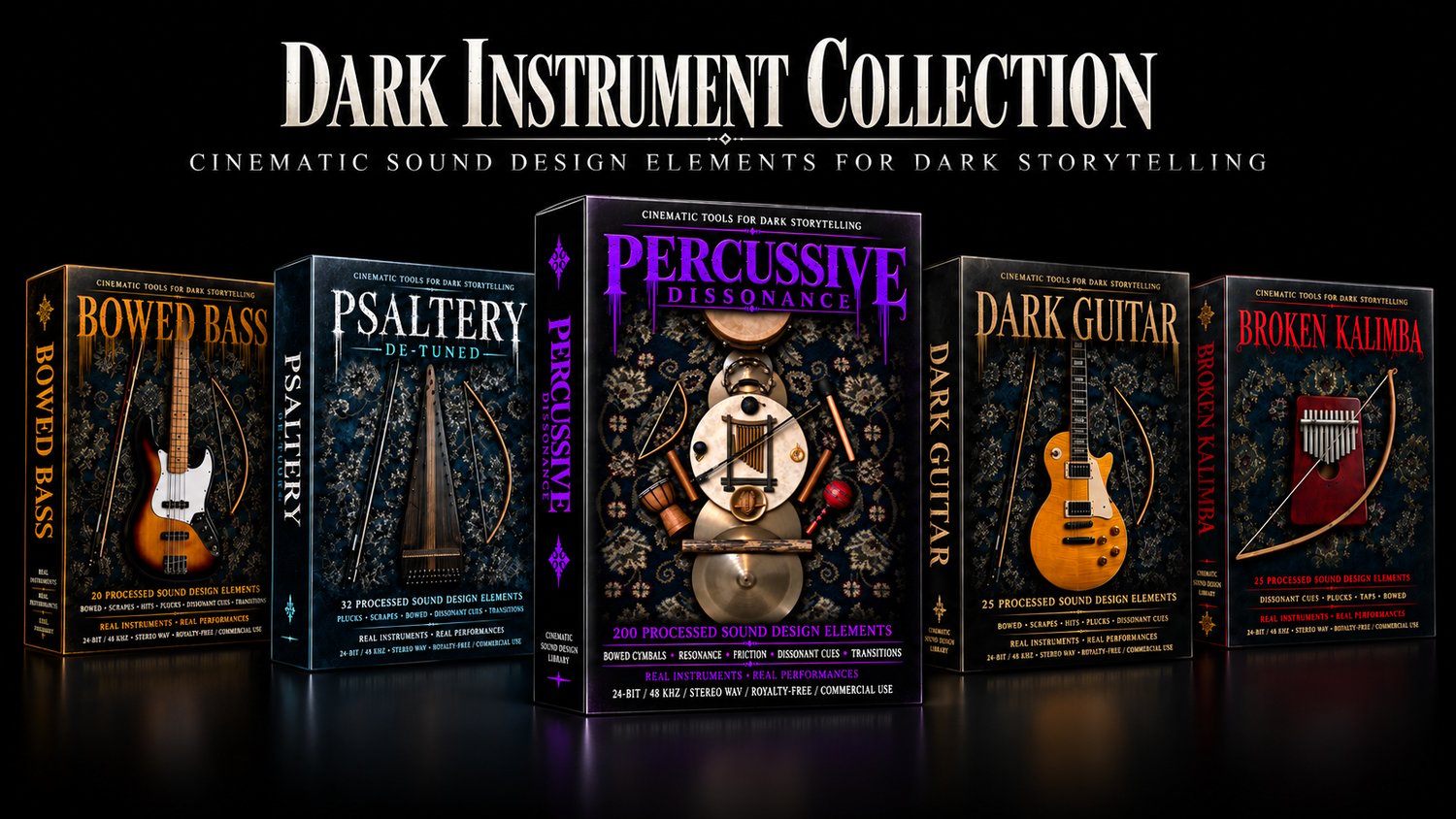 Dark Instrument Collection | Browse 5 royalty-free sound packs featuring 300 unique recordings from 17 real instruments, created for horror, suspense and dark cinematic storytelling by filmmakers, game developers, editors and sound designers.