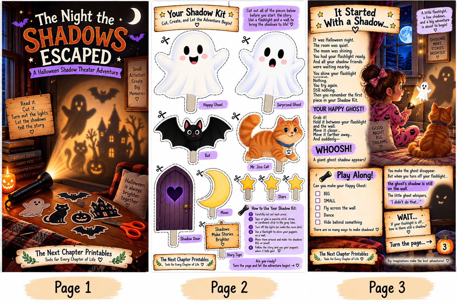 The Night the Shadows Escaped interactive Halloween shadow theater printable, showing three activity pages with spooky shadow characters and Halloween scenes.