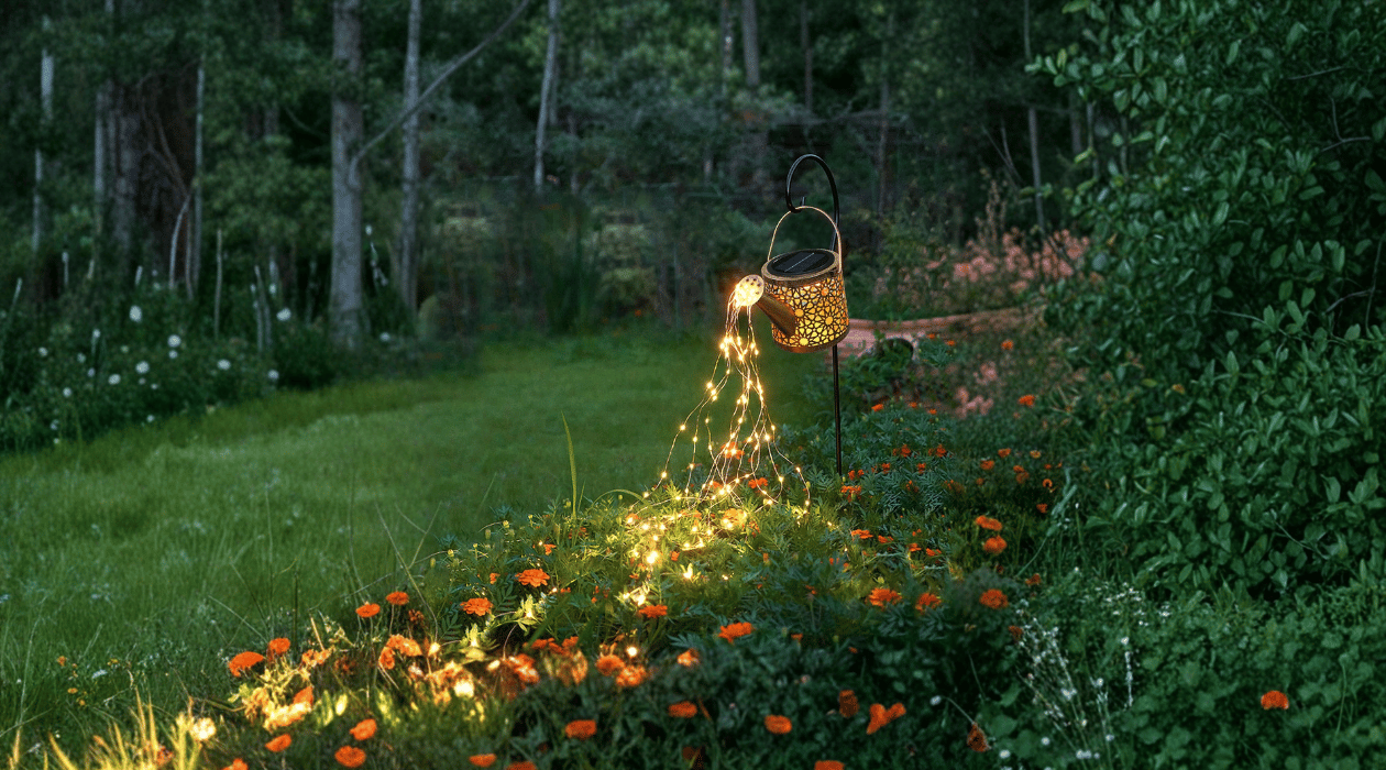Solar watering can garden light glowing over flowers at night