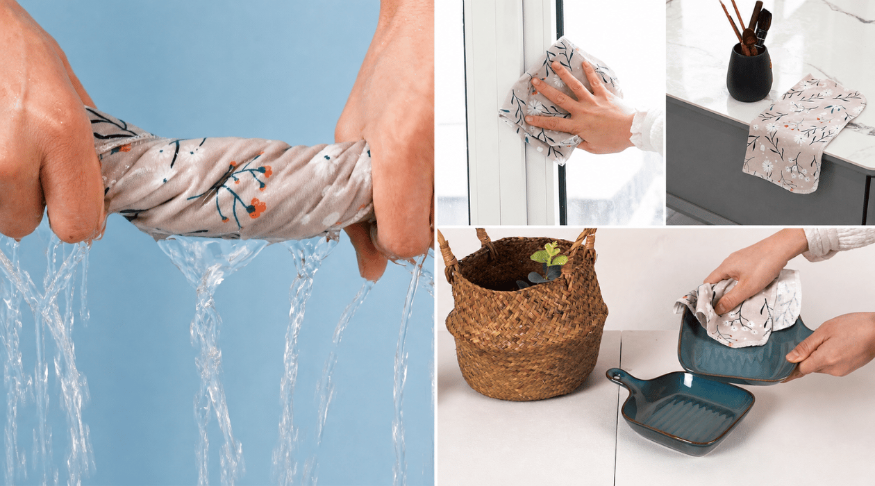 Bee and daisy reusable kitchen cloths shown being wrung out, wiping a window, resting on a countertop, and drying dishes