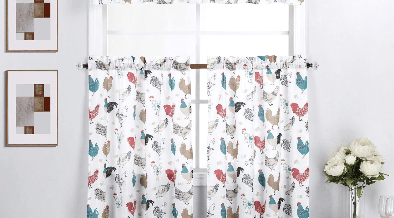 Colorful rooster kitchen curtains with two tier panels and a matching valance