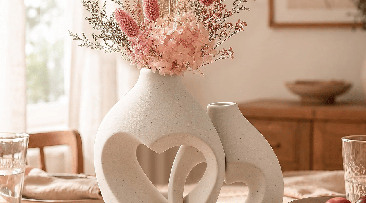 Two white ceramic heart-shaped vases displayed together with delicate flowers